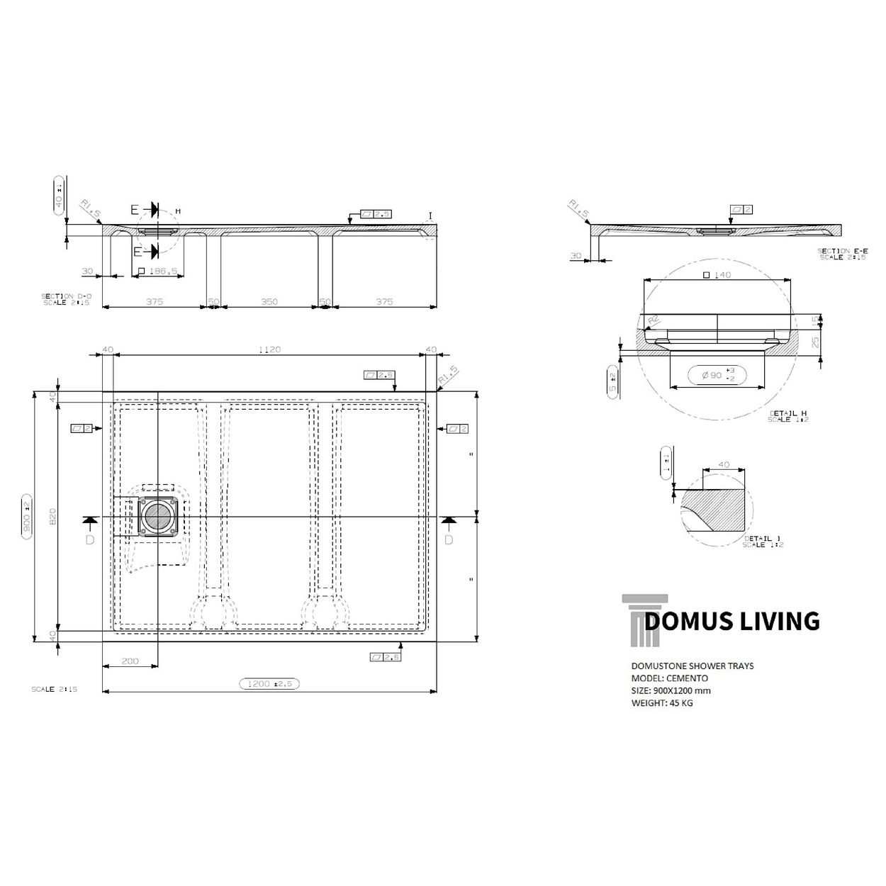 Domus Living Cemento 900X1200 Shower Floor in Bianco (Matte White)