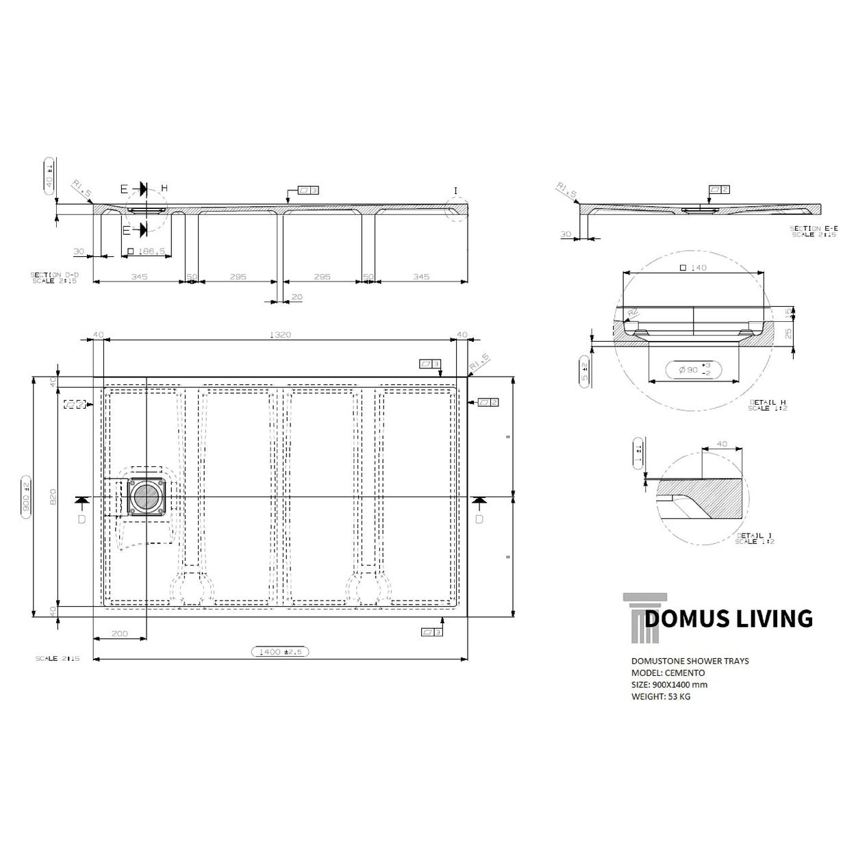 Domus Living Cemento 900X1400 Shower Floor in Nero (Matte Black)