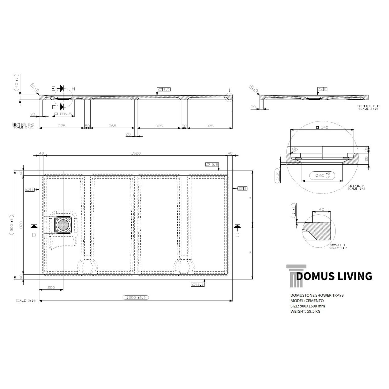 Domus Living Cemento 900X1600 Shower Floor in Bianco (Matte White)