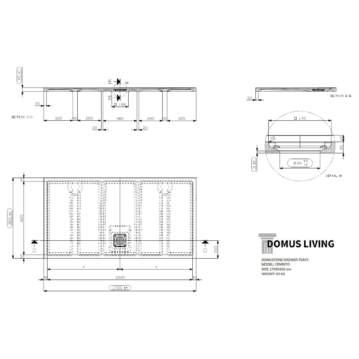 Domus Living Cemento 1700X900 Shower Floor in Bianco (Matte White)