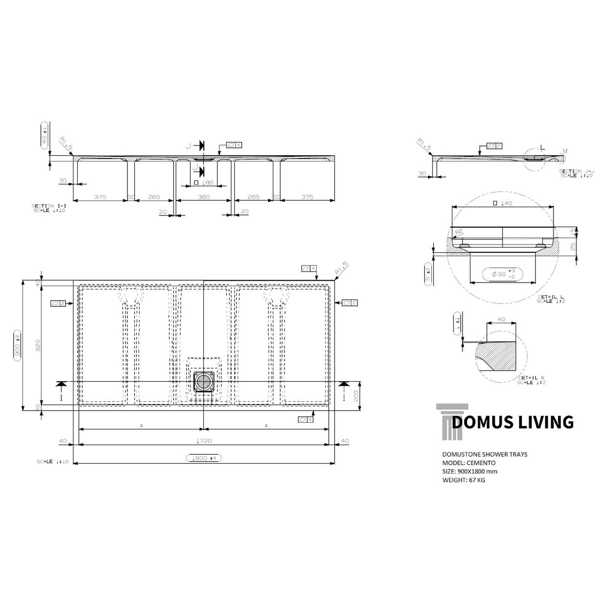 Domus Living Cemento 1800X900 Shower Floor in Nero (Matte Black)