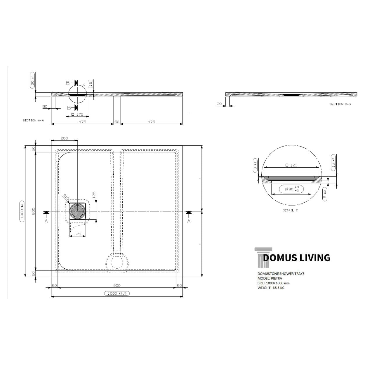 Domus Living Pietra 1000X1000 Shower Floor in Bianco (Matte White)