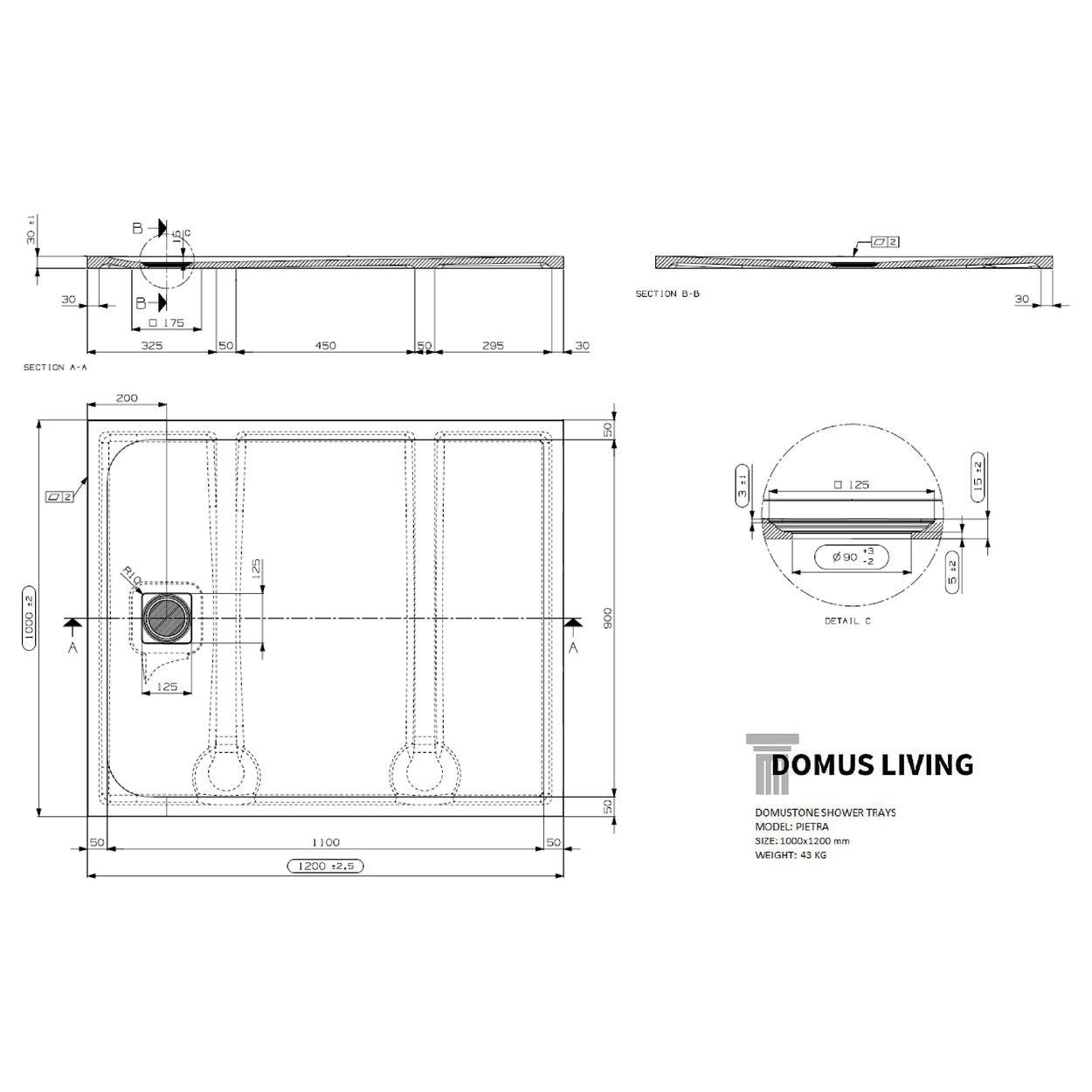 Domus Living Pietra 1000X1200 Shower Floor in Bianco (Matte White)