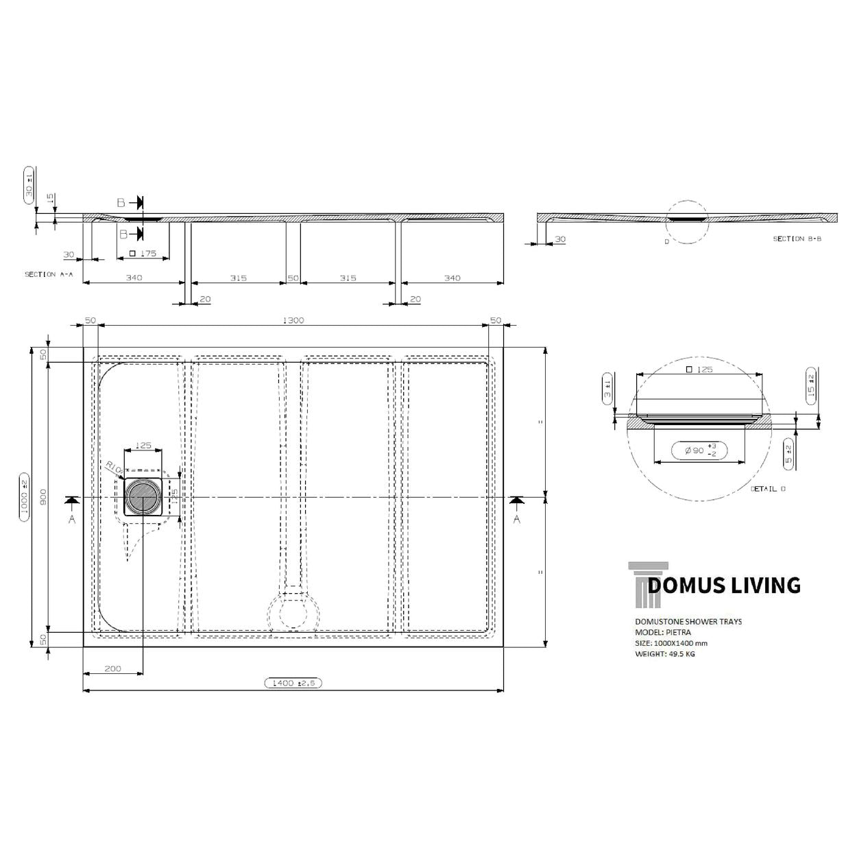 Domus Living Pietra 1000X1400 Shower Floor in Nero (Matte Black)