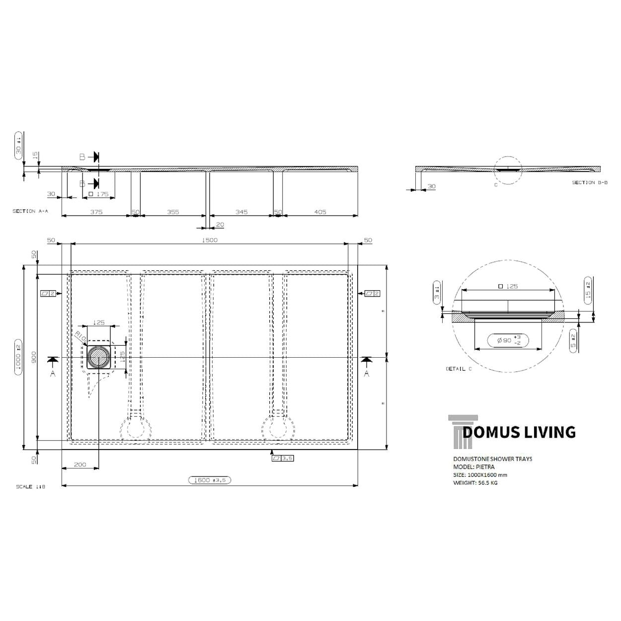 Domus Living Pietra 1000X1600 Shower Floor in Nero (Matte Black)