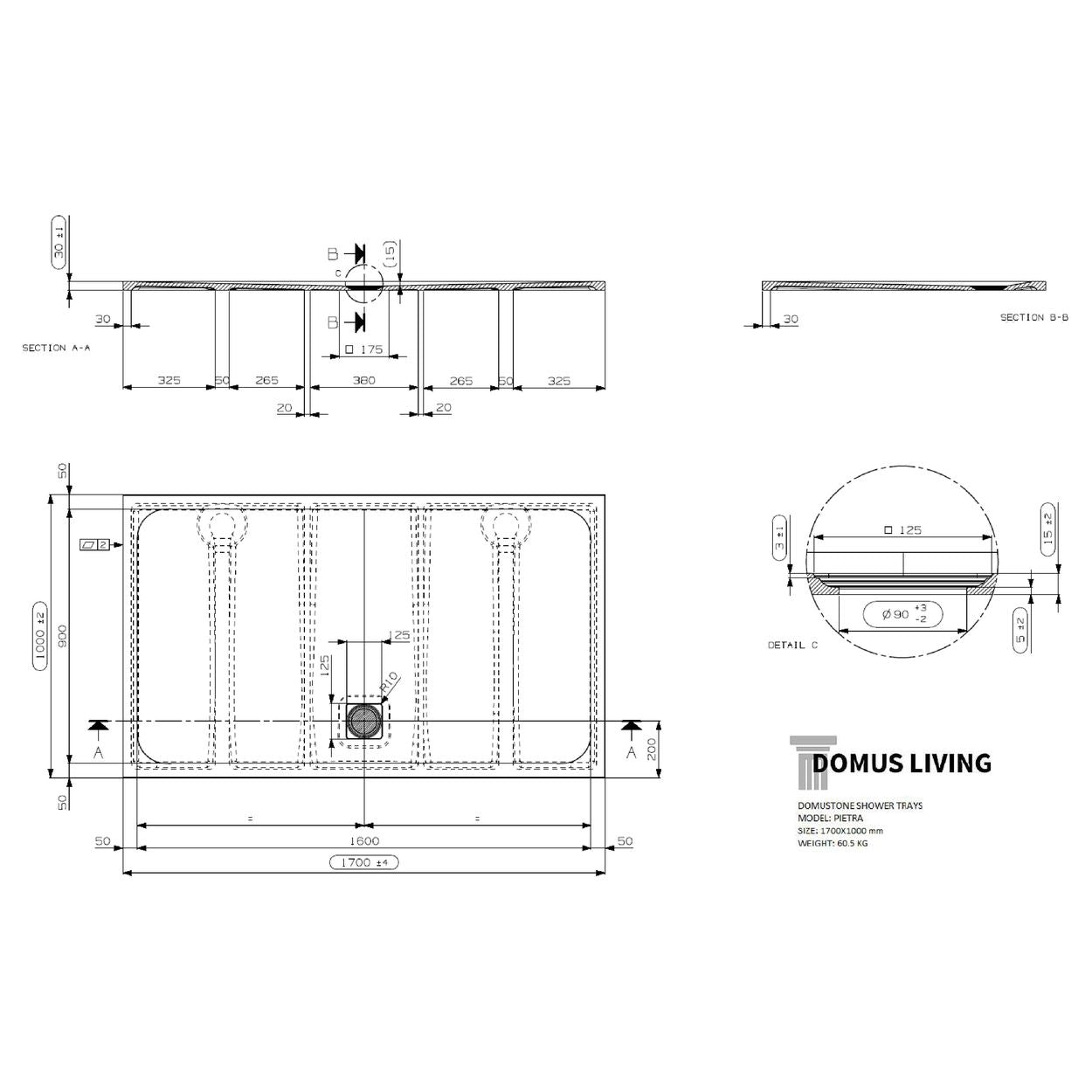 Domus Living Pietra 1700X1000 Shower Floor in Nero (Matte Black)