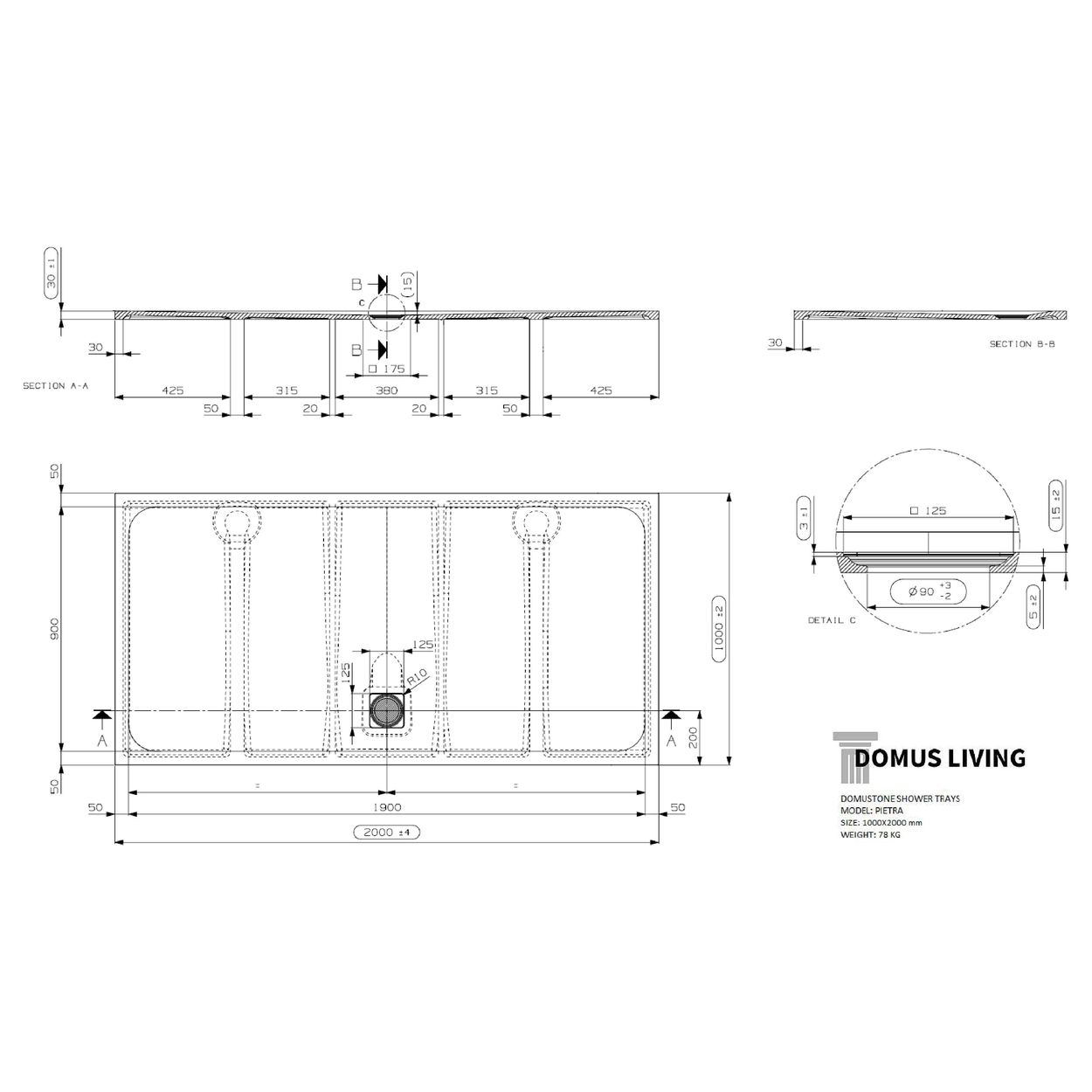 Domus Living Pietra 2000X1000 Shower Floor in Bianco (Matte White)