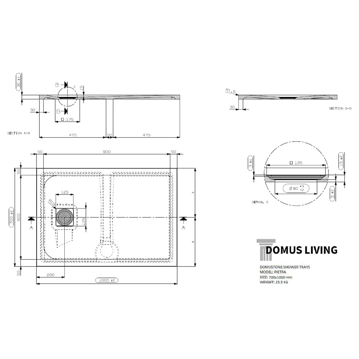 Domus Living Pietra 700X1000 Shower Floor in Nero (Matte Black)