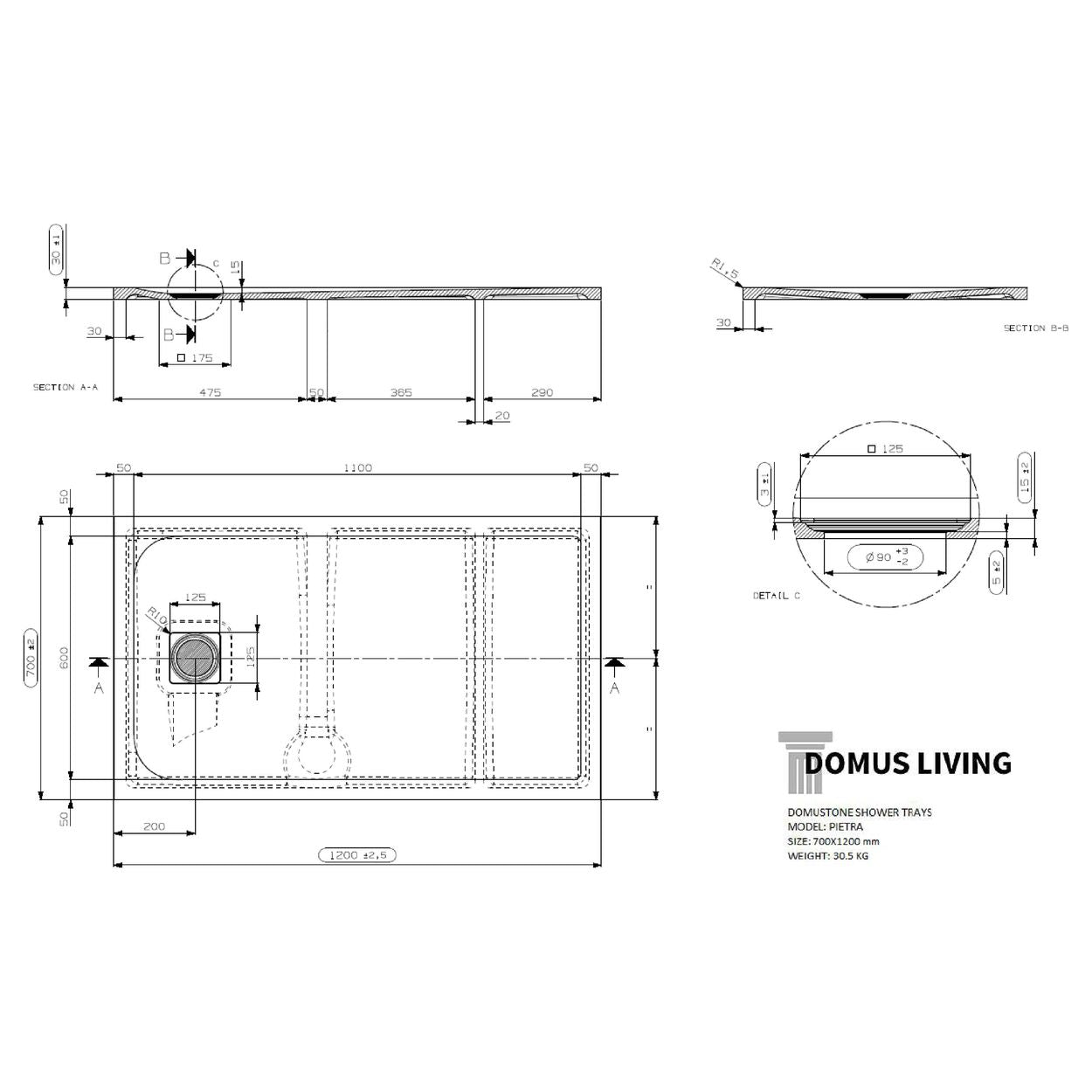 Domus Living Pietra 700X1200 Shower Floor in Bianco (Matte White)