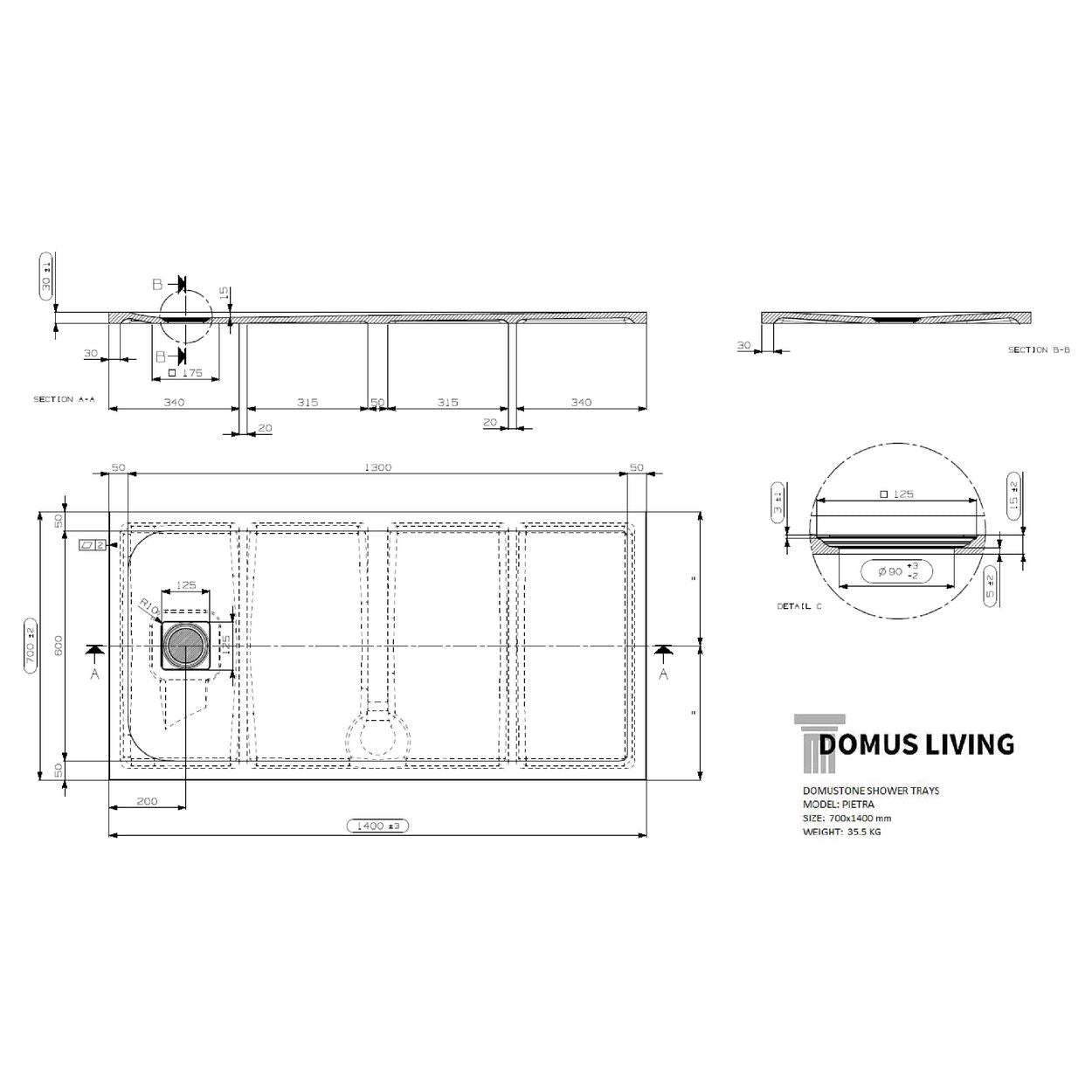 Domus Living Pietra 700X1400 Shower Floor in Bianco (Matte White)
