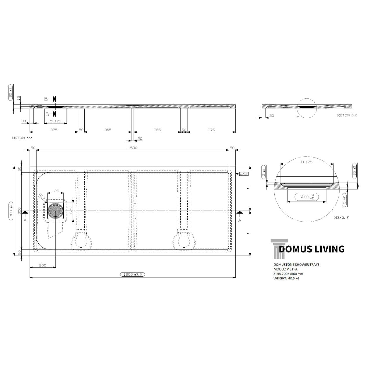 Domus Living Pietra 700X1600 Shower Floor in Bianco (Matte White)