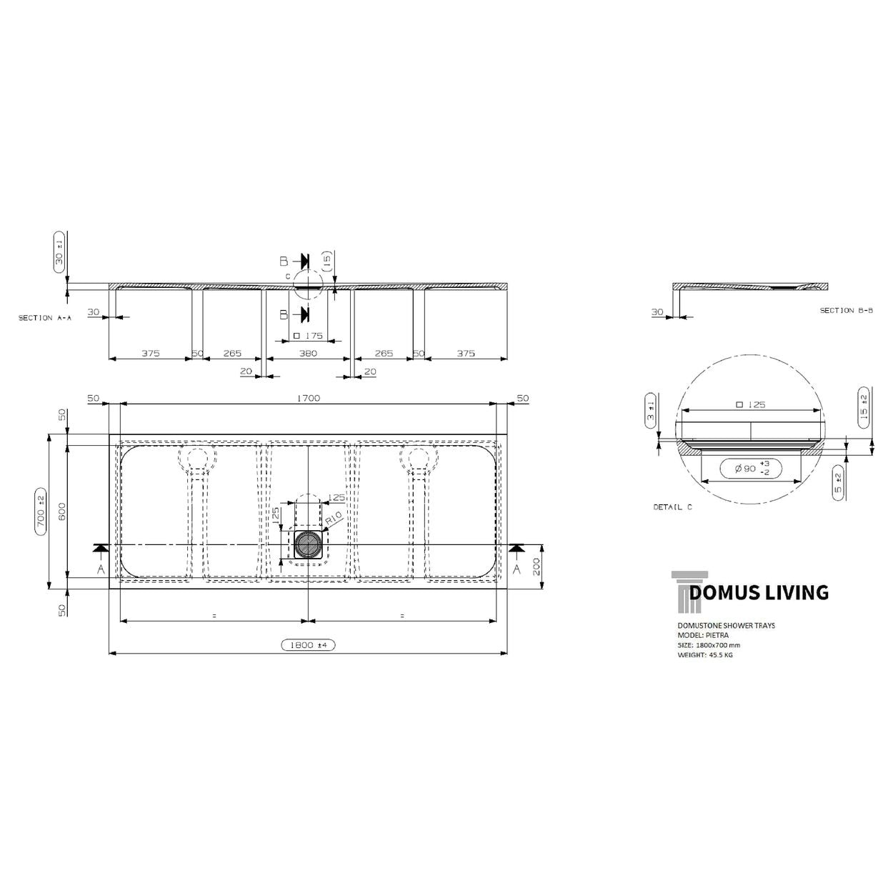 Domus Living Pietra 1800X700 Shower Floor in Bianco (Matte White)