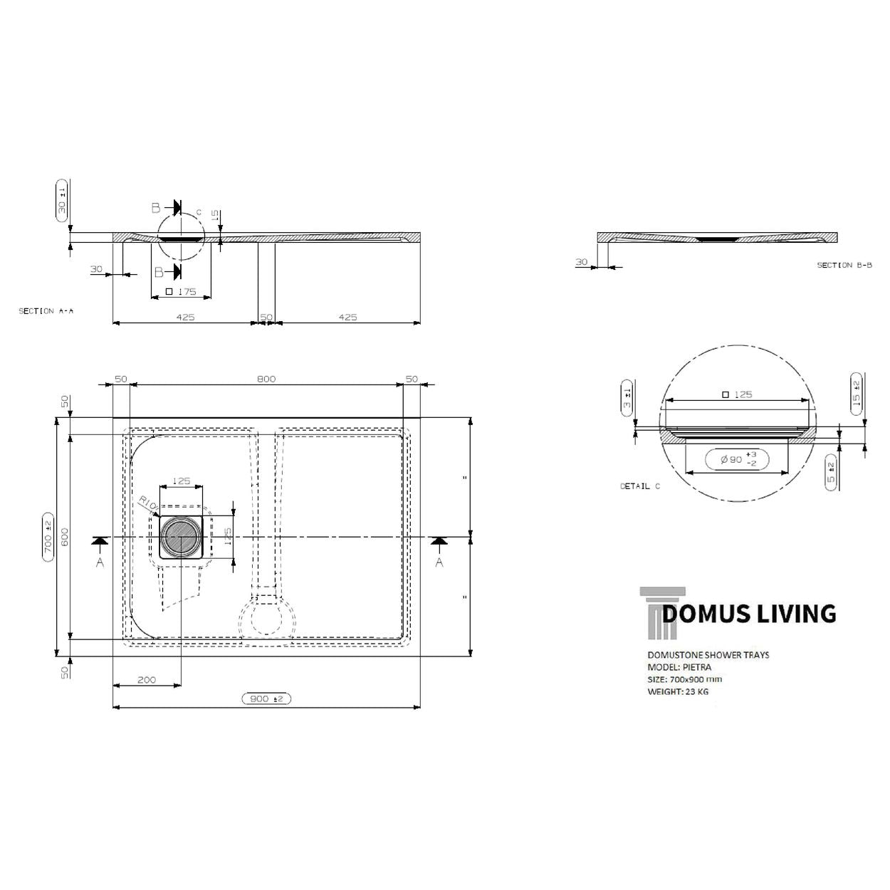 Domus Living Pietra 700X900 Shower Floor in Bianco (Matte White)
