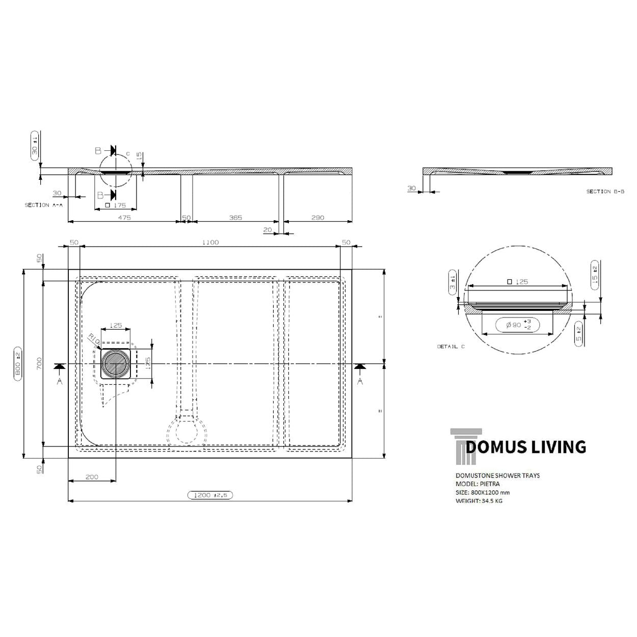 Domus Living Pietra 800X1200 Shower Floor in Matte Cappuccino