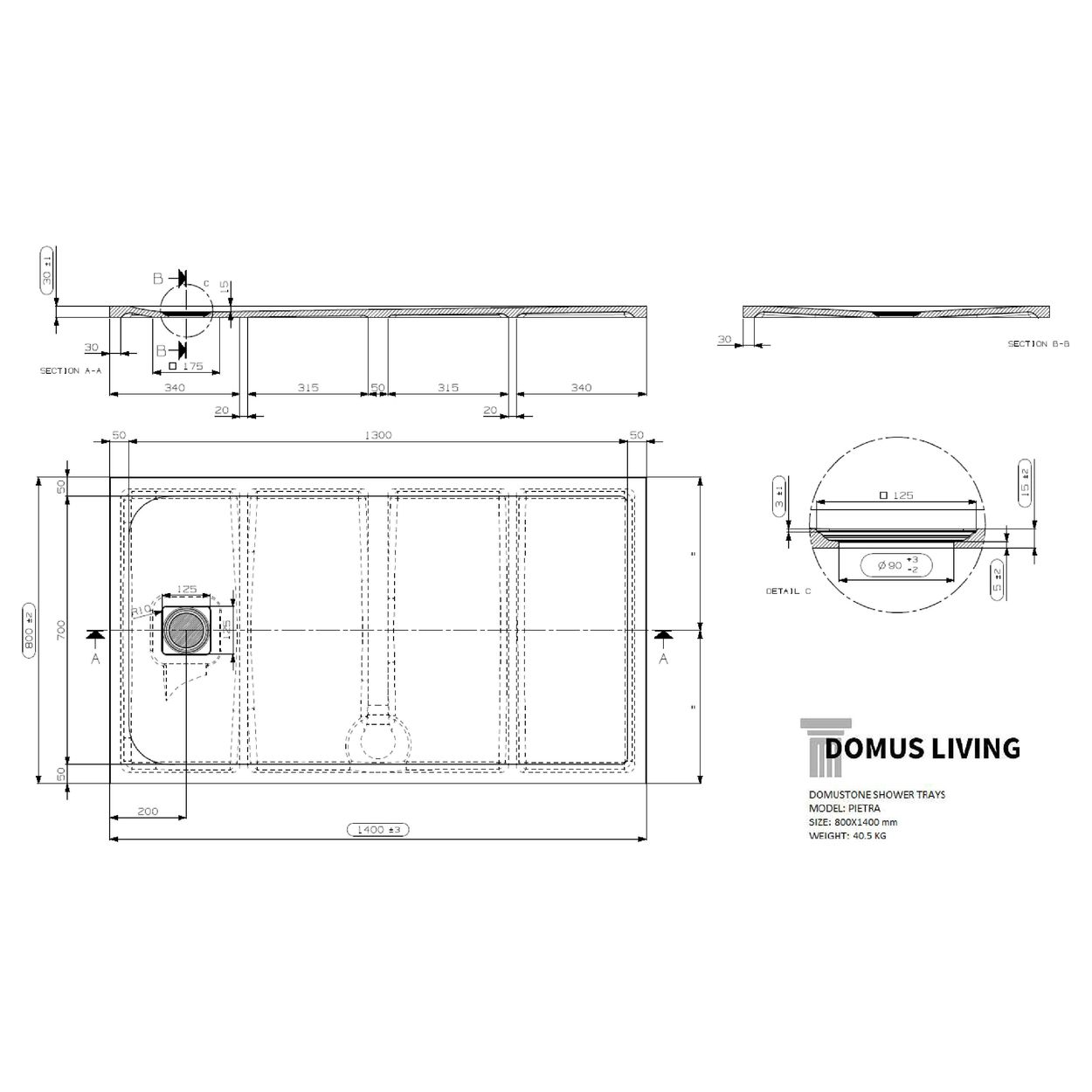 Domus Living Pietra 800X1400 Shower Floor in Nero (Matte Black)