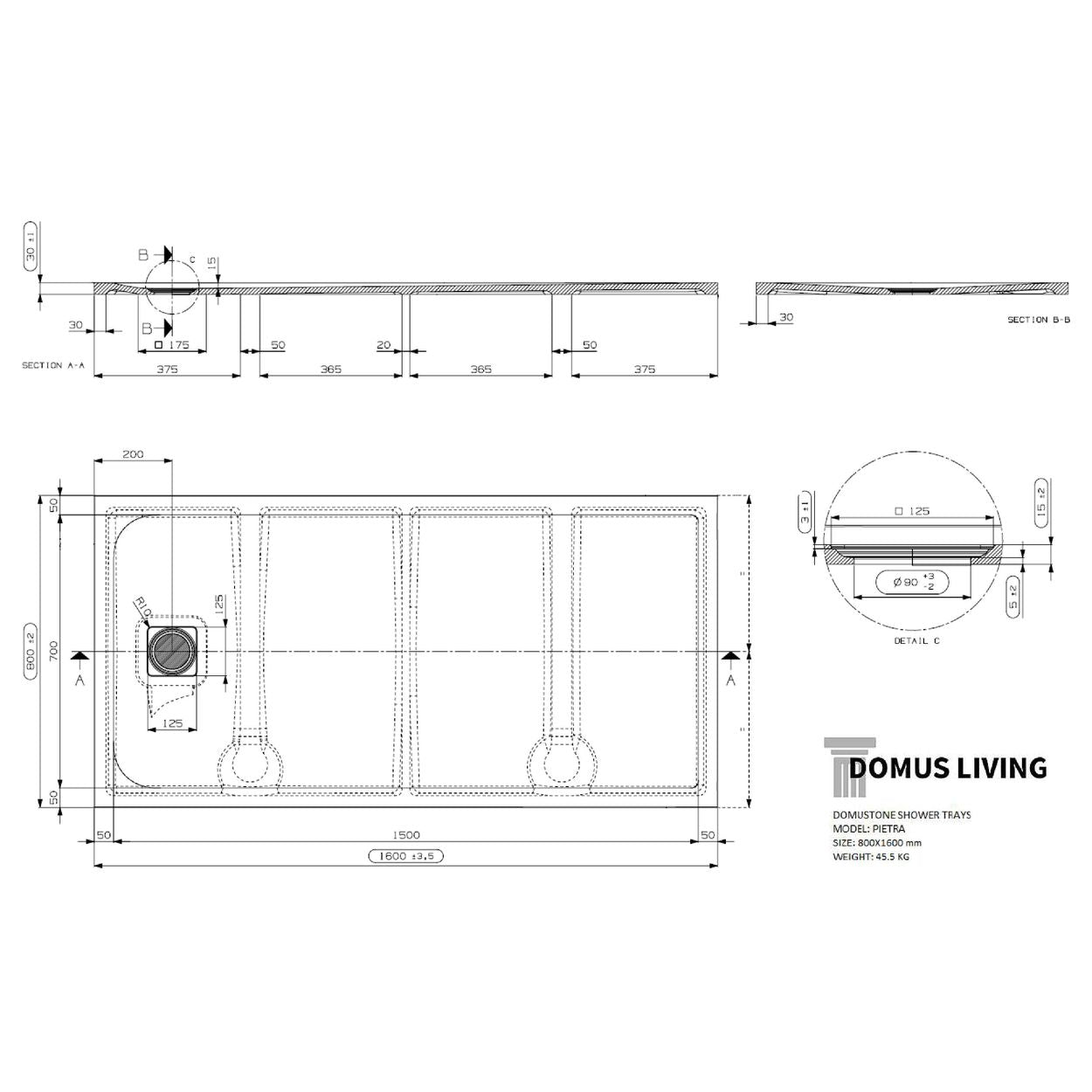 Domus Living Pietra 800X1600 Shower Floor in Nero (Matte Black)
