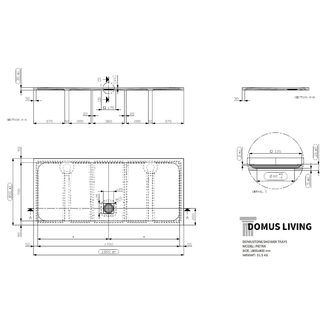 Domus Living Pietra 1800X800 Shower Floor in Bianco (Matte White)