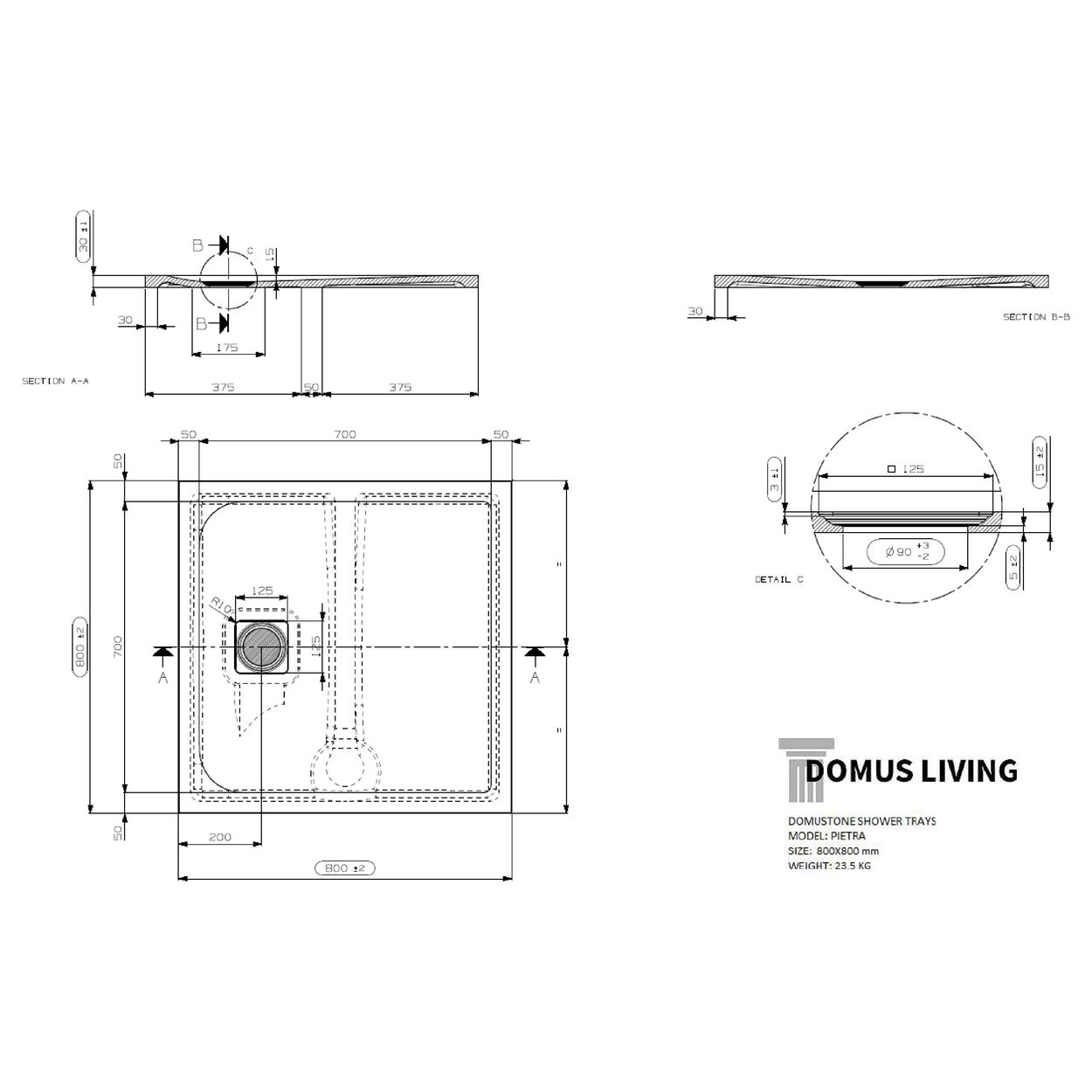 Domus Living Pietra 800X800 Shower Floor in Bianco (Matte White)