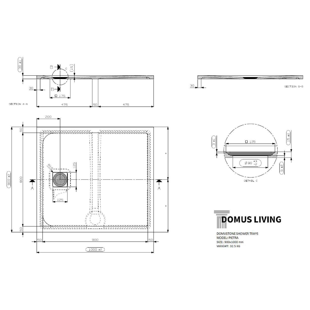 Domus Living Pietra 900X1000 Shower Floor in Nero (Matte Black)