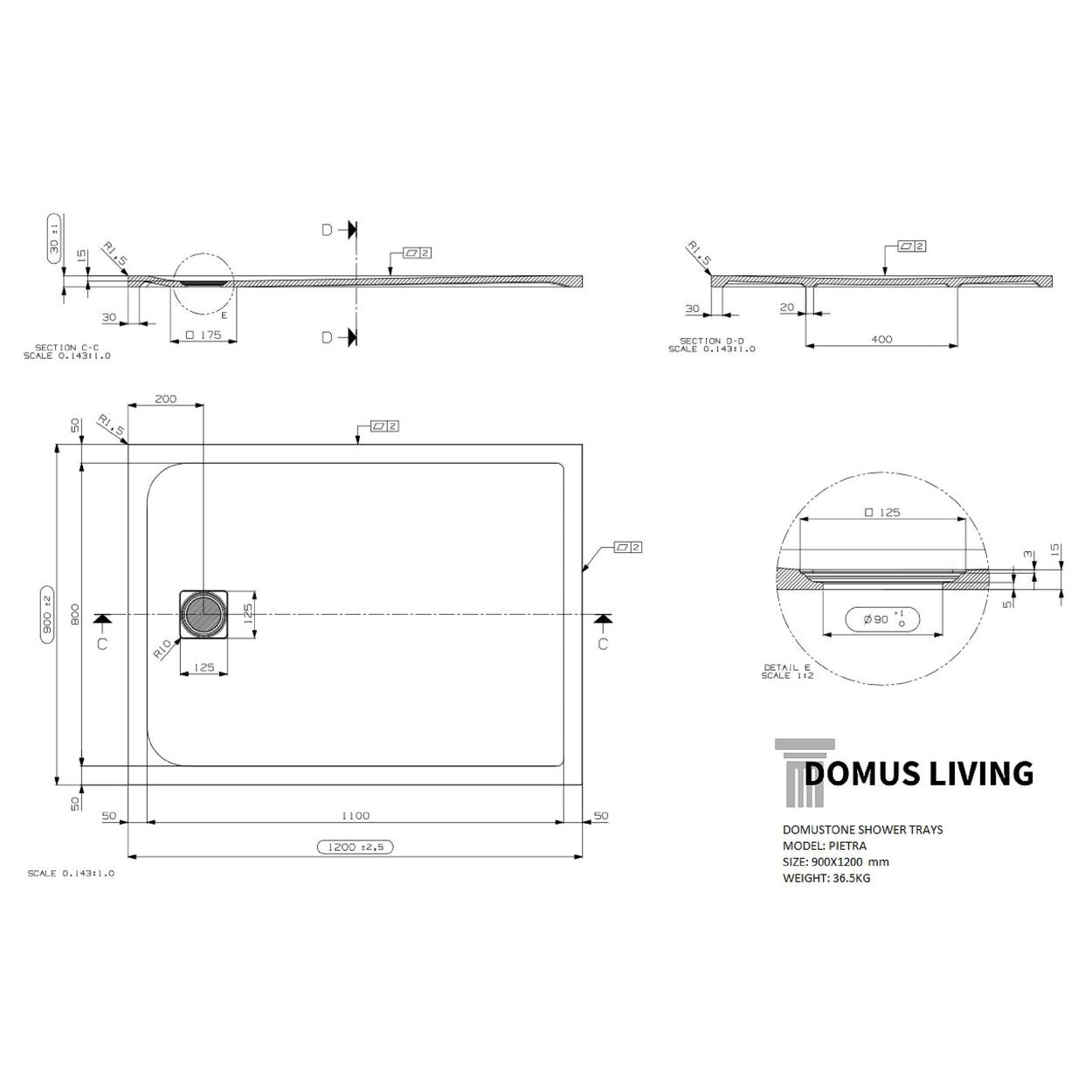 Domus Living Pietra 900X1200 Shower Floor in Nero (Matte Black)