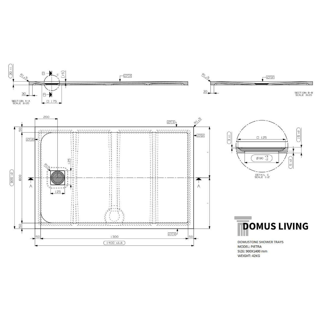 Domus Living Pietra 900X1400 Shower Floor in Matte Light Grey