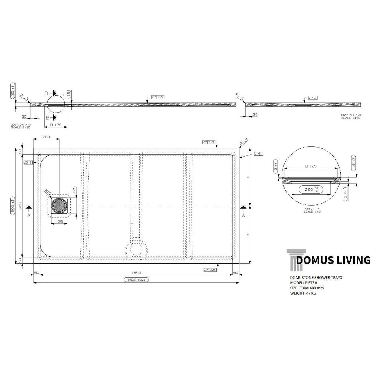Domus Living Pietra 900X1600 Shower Floor in Nero (Matte Black)