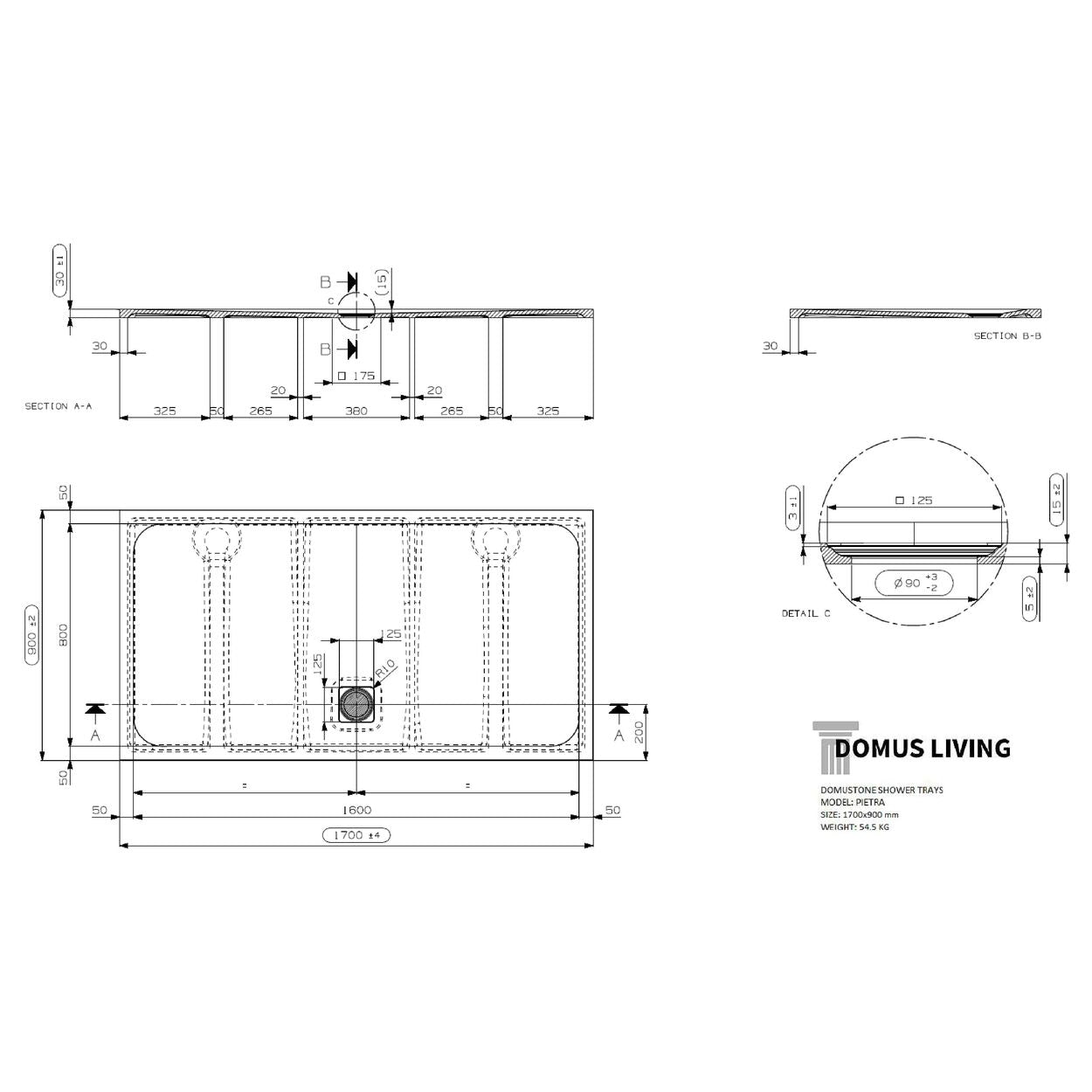 Domus Living Pietra 1700X900 Shower Floor in Nero (Matte Black)