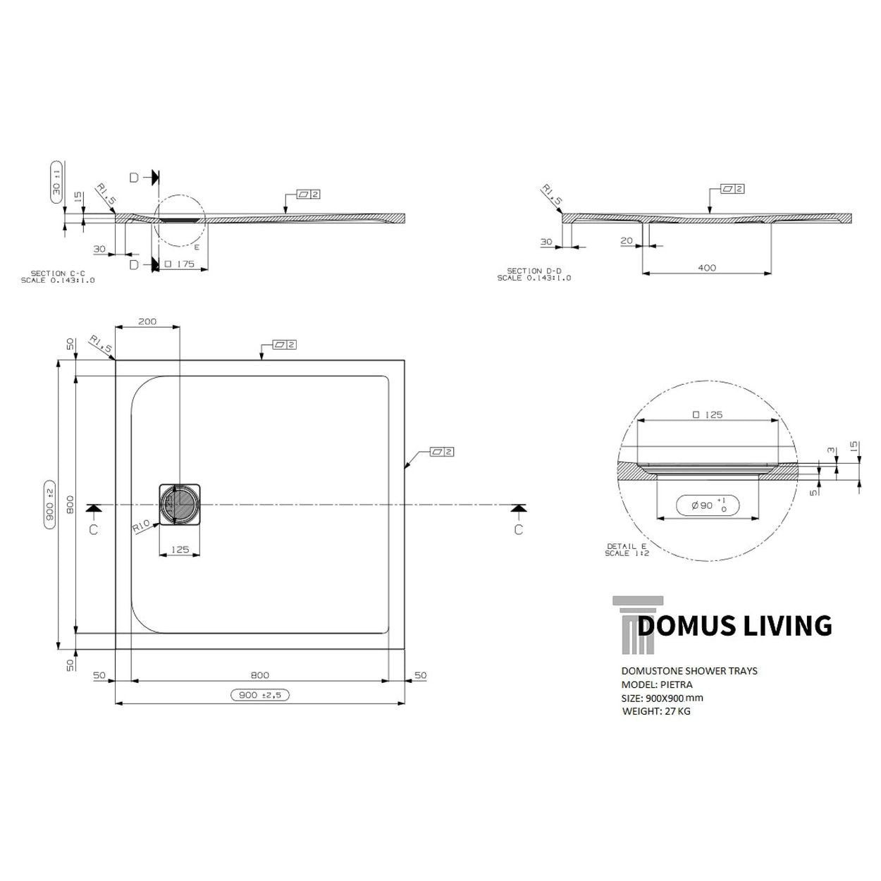 Domus Living Pietra 900X900 Shower Floor in Nero (Matte Black)