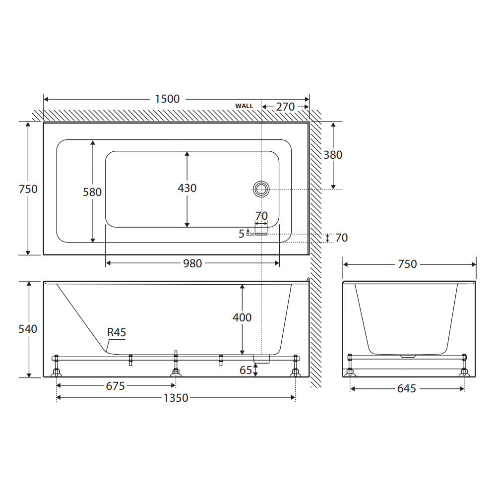 Sentor Left-Hand Acrylic Corner Bath with Overflow, 1500mm