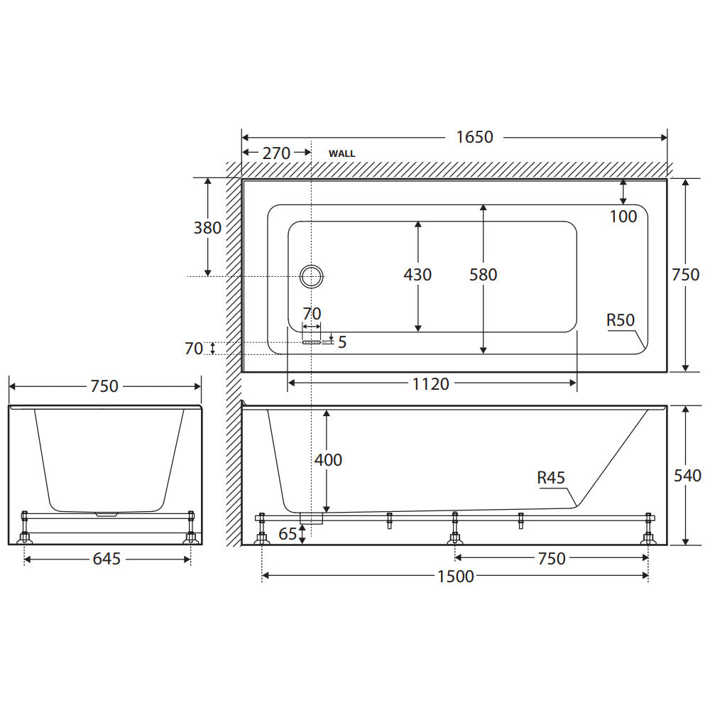 Sentor Right-Hand Acrylic Corner Bath with Overflow, 1650mm