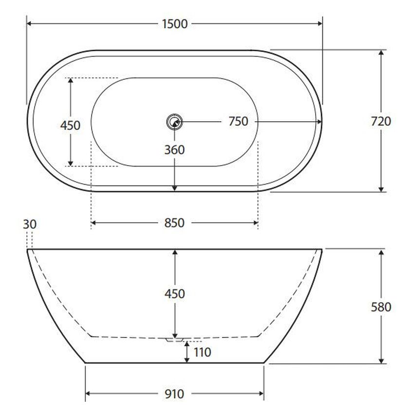 Koko Matte White Freestanding Acrylic Bath, 1500mm