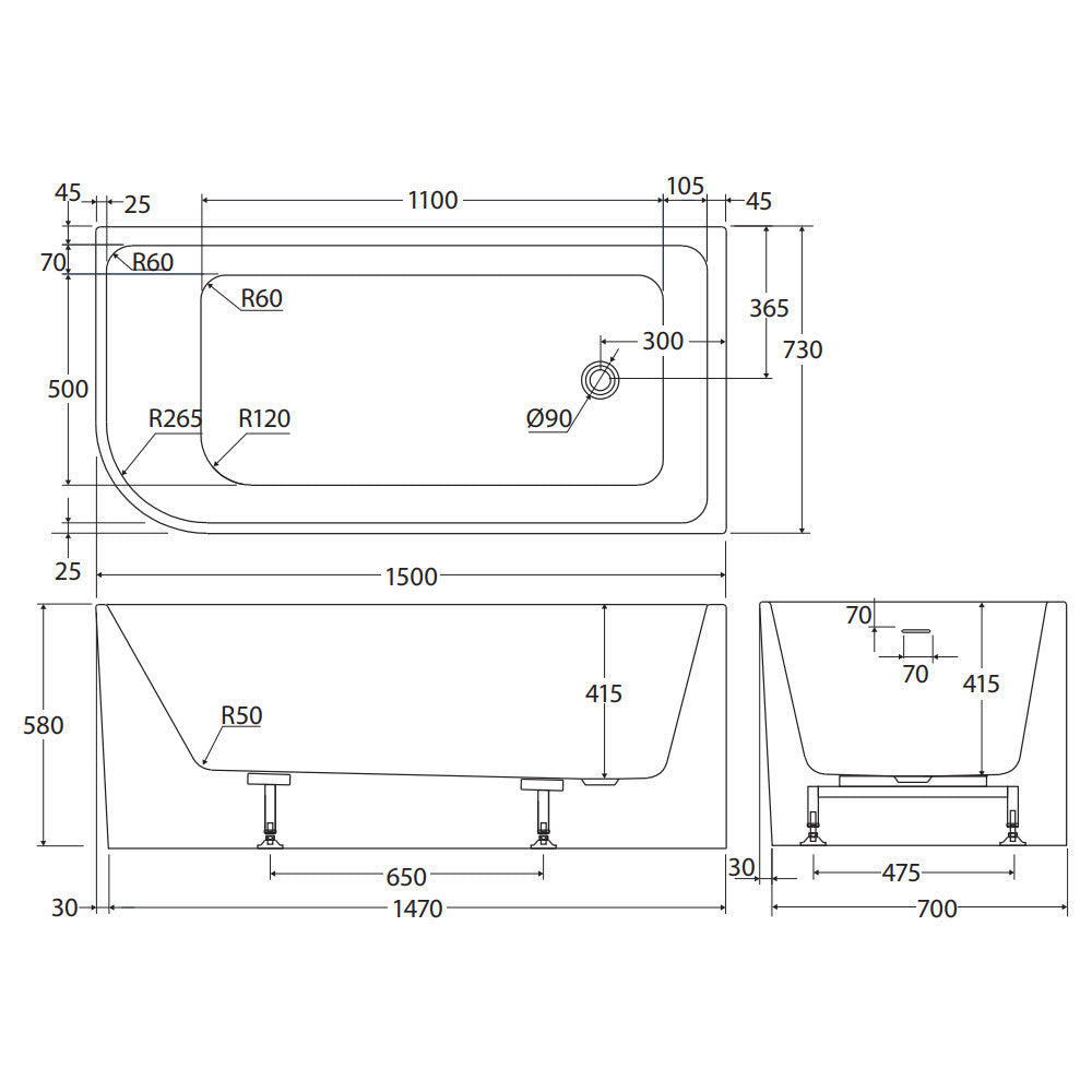 Hustle Left-Hand Multi-Fit Acrylic Bath with Overflow, 1500mm