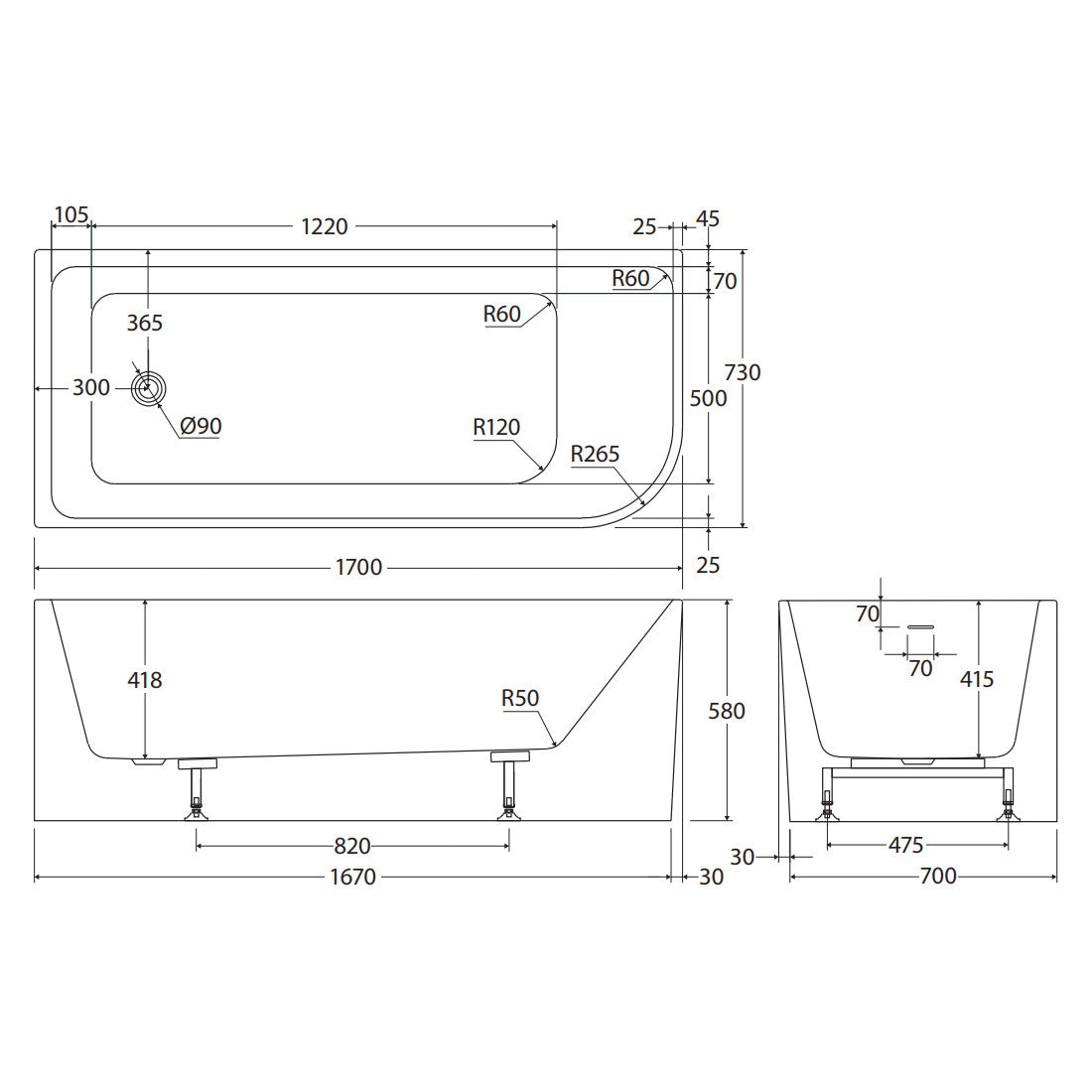 Hustle Right-Hand Multi-Fit Acrylic Bath with Overflow, 1700mm