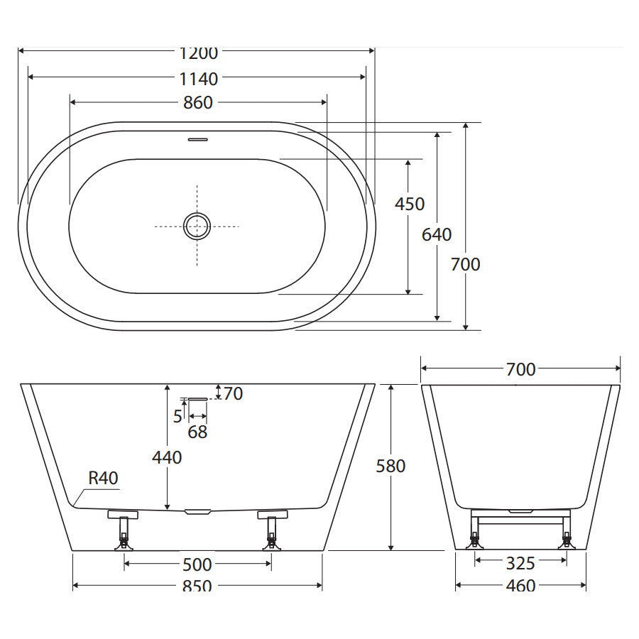 Austin Freestanding Acrylic Bath with Overflow, 1200mm