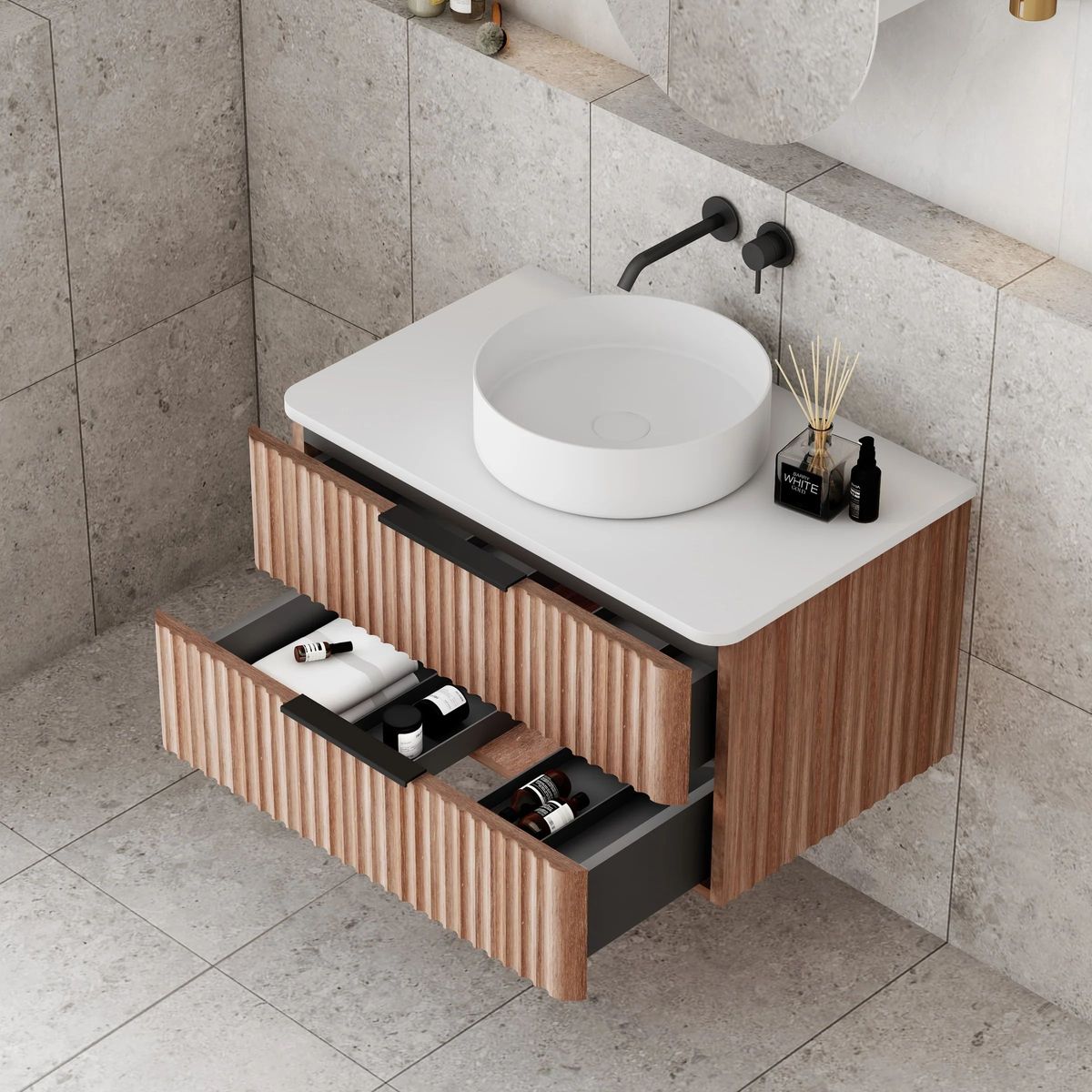 Gravity 750mm Wall Hung Vanity in Natural Walnut