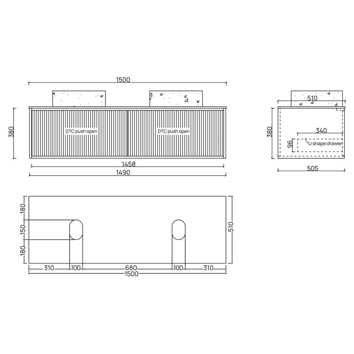 Ingrain Grooved Wall Hung Timber Veneer Vanity 1500mm Double Bowl