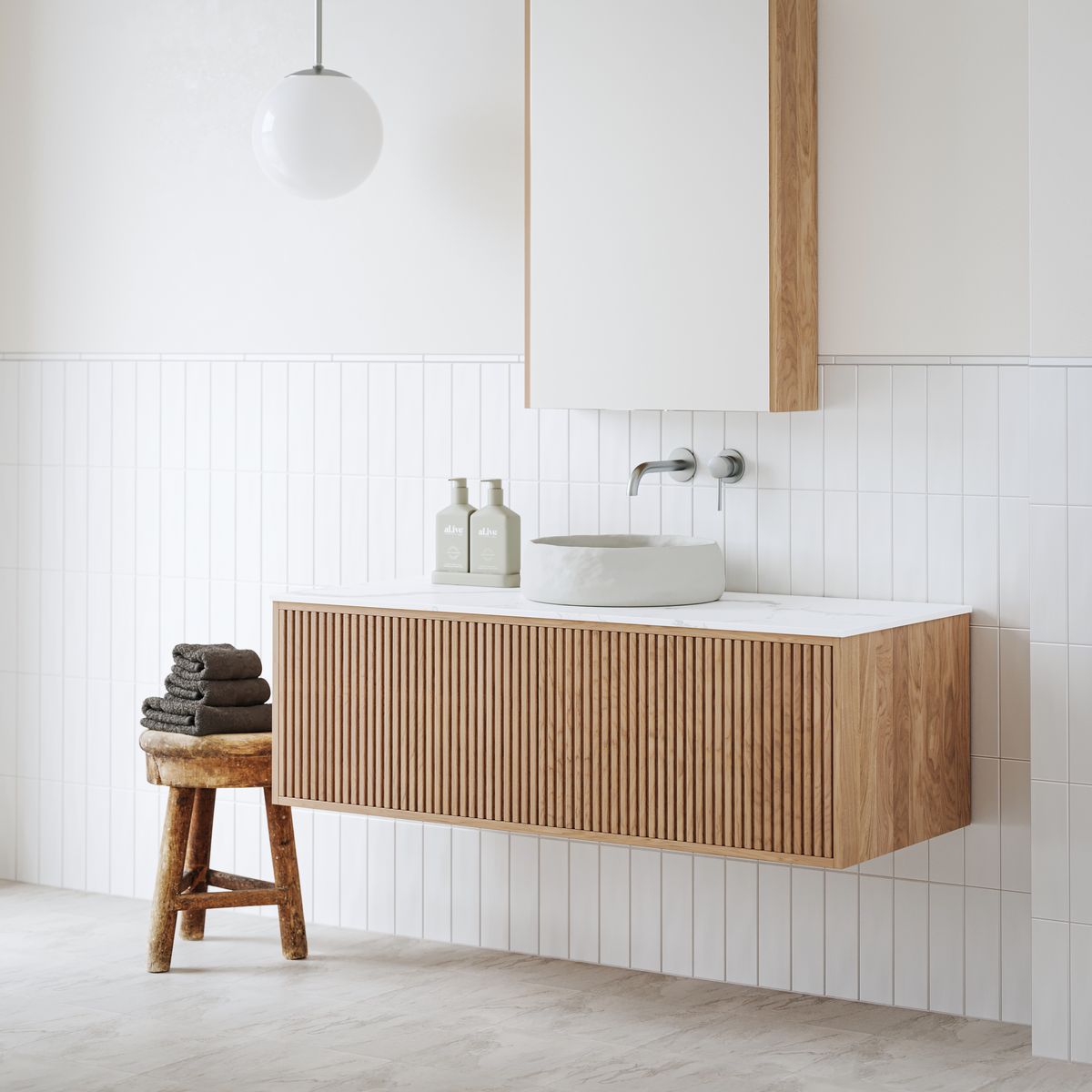 Ingrain Grooved Wall Hung Timber Veneer Vanity 1200mm Centre Bowl