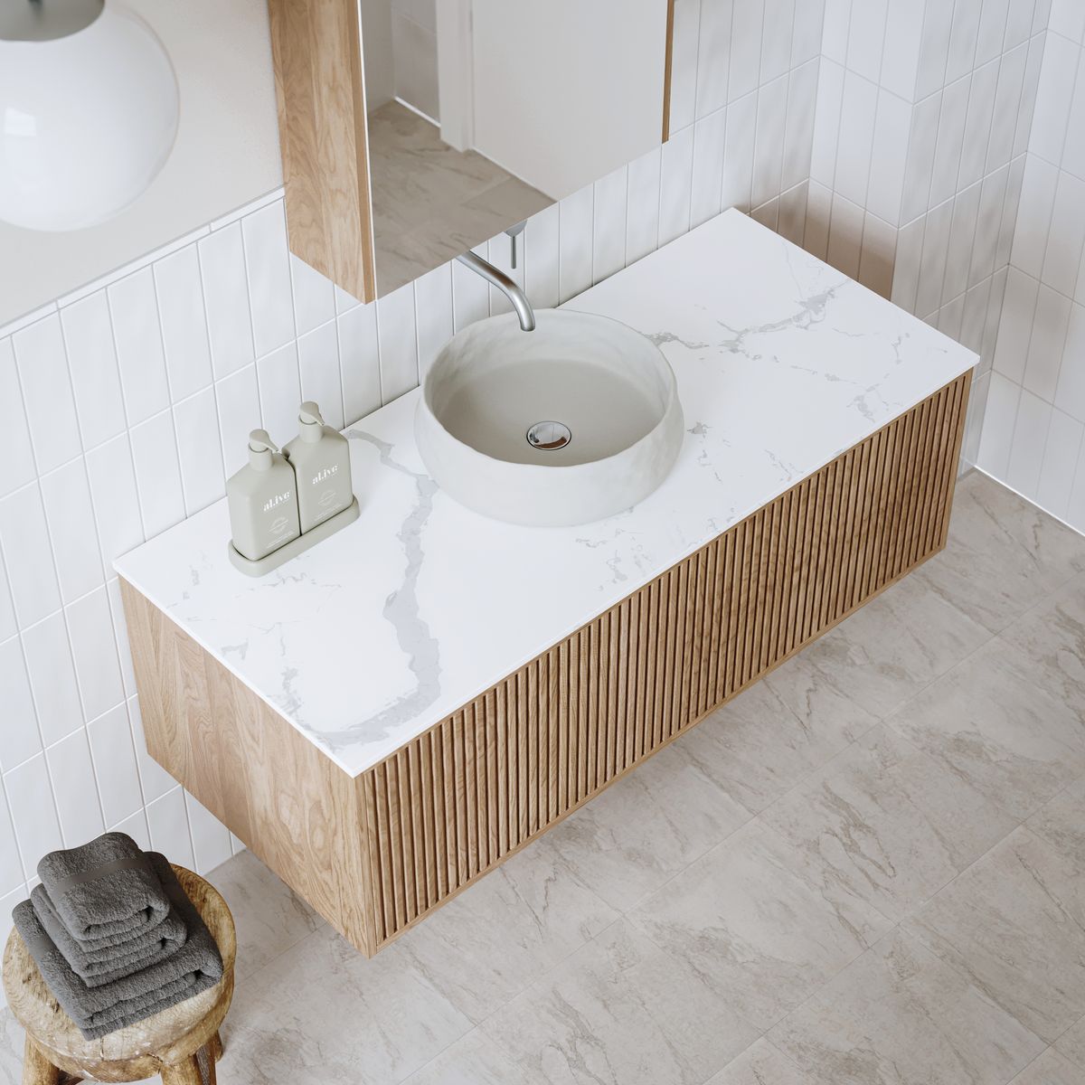 Ingrain Grooved Wall Hung Timber Veneer Vanity 1200mm Centre Bowl