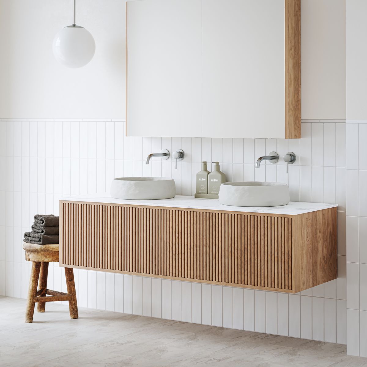 Ingrain Grooved Wall Hung Timber Veneer Vanity 1500mm Double Bowl
