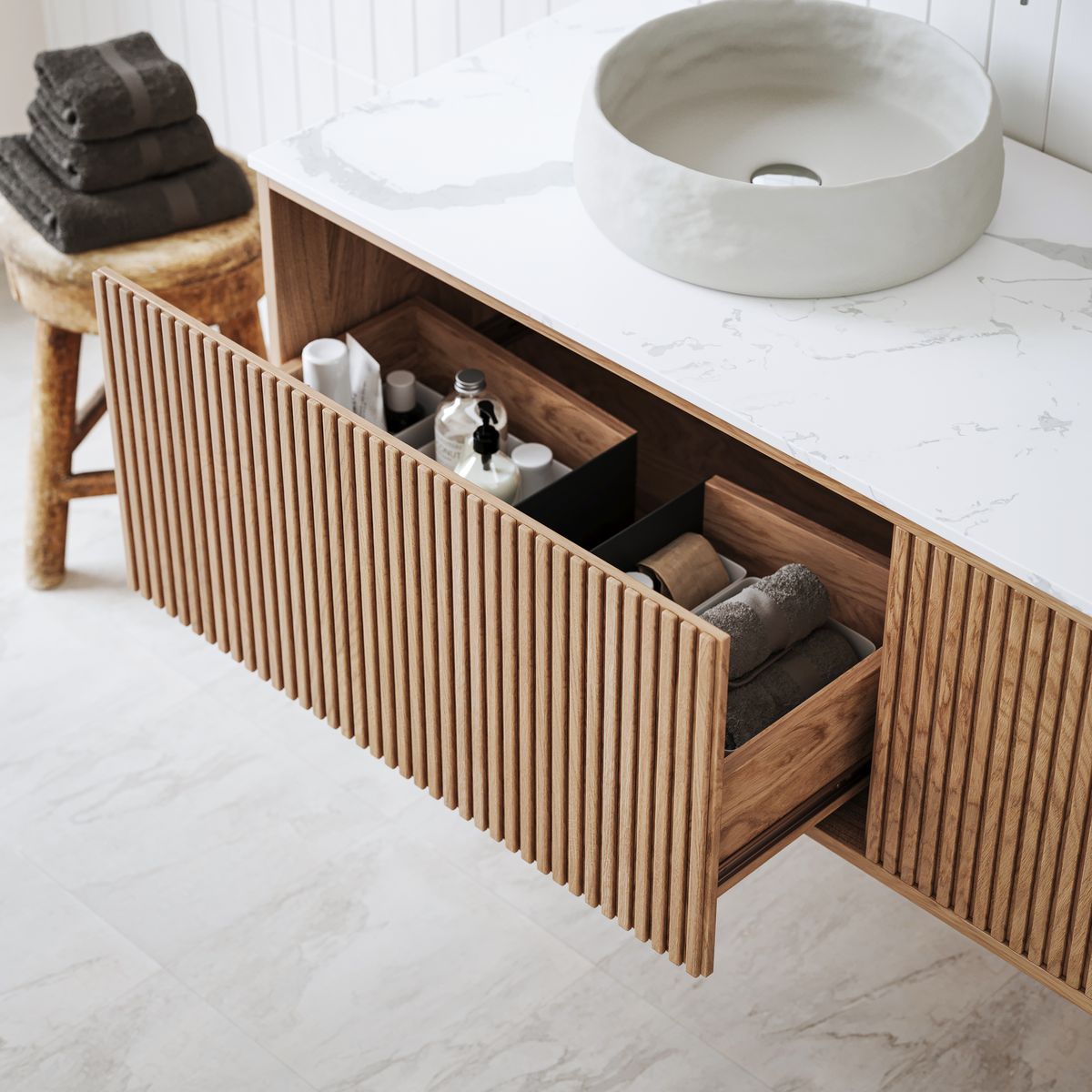 Ingrain Grooved Wall Hung Timber Veneer Vanity 1500mm Double Bowl