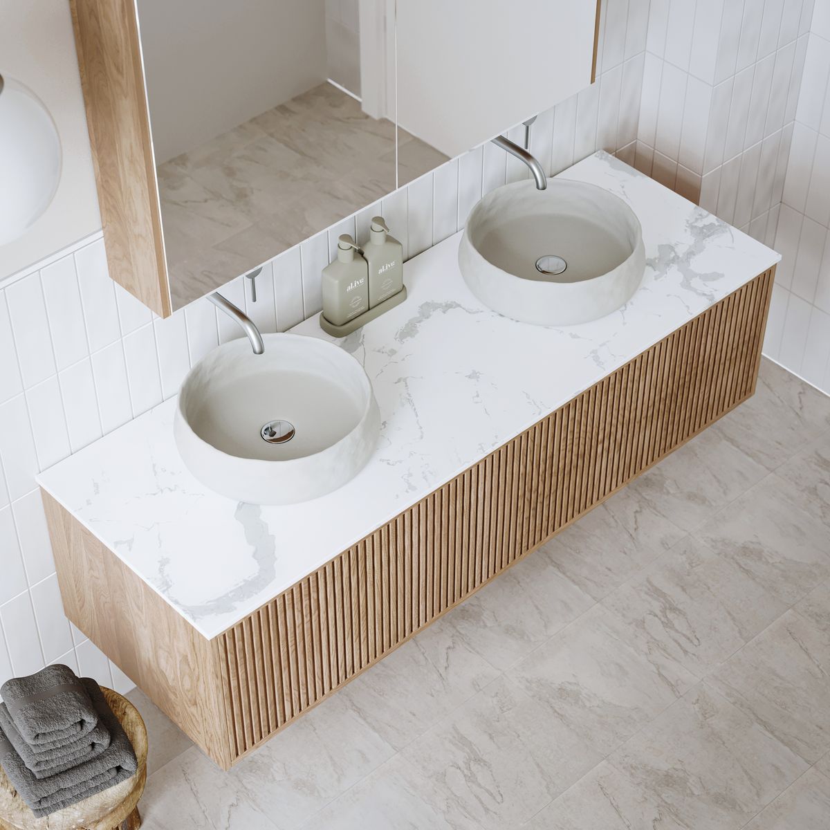 Ingrain Grooved Wall Hung Timber Veneer Vanity 1500mm Double Bowl
