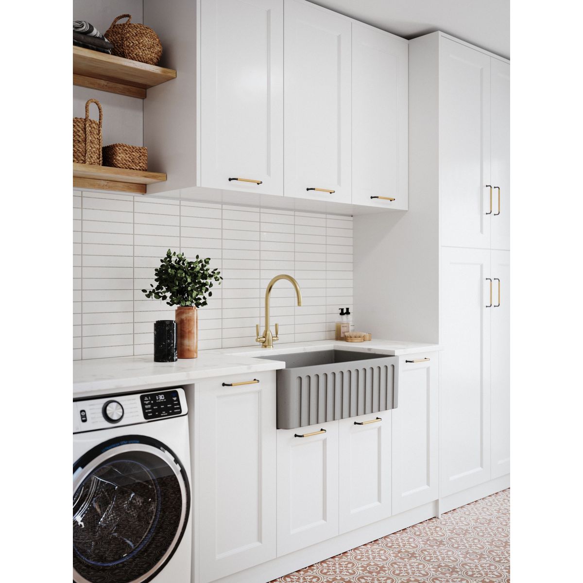 Kit-Novi 75X46 Fireclay Butler Sink - Concrete Look With Overflow Included Waste