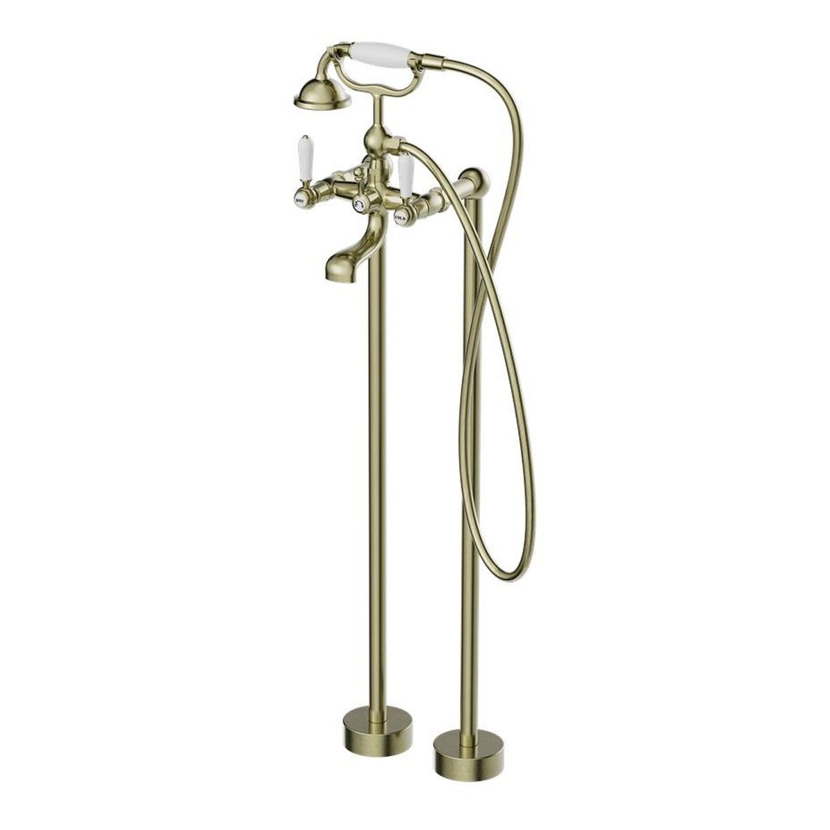 York Freestanding Bath Set With White Porcelain Hand Shower - Aged Brass