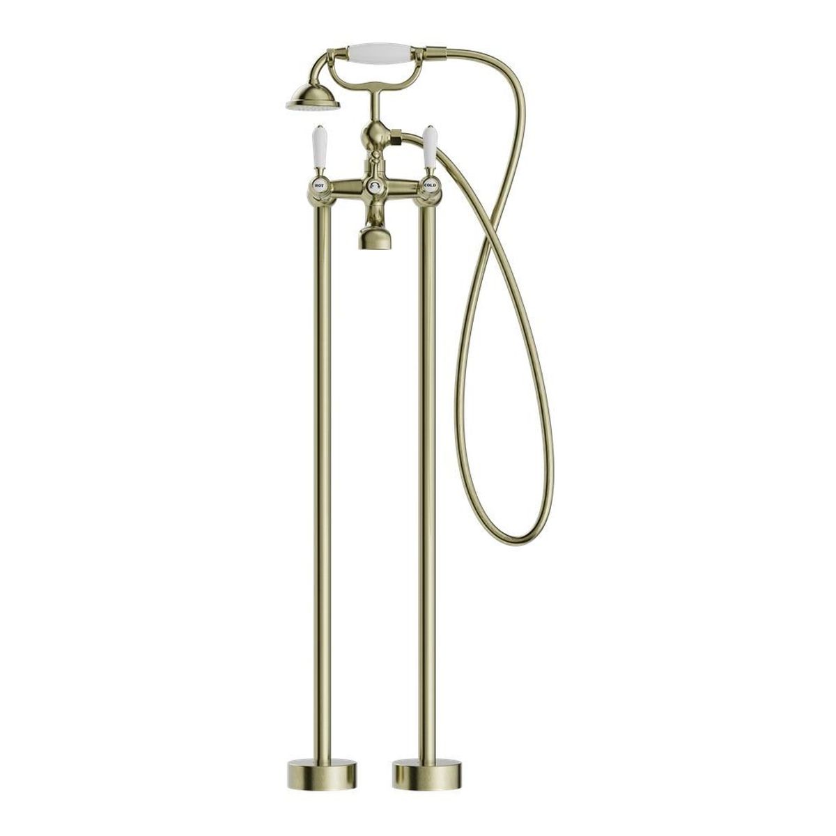 York Freestanding Bath Set With White Porcelain Hand Shower - Aged Brass