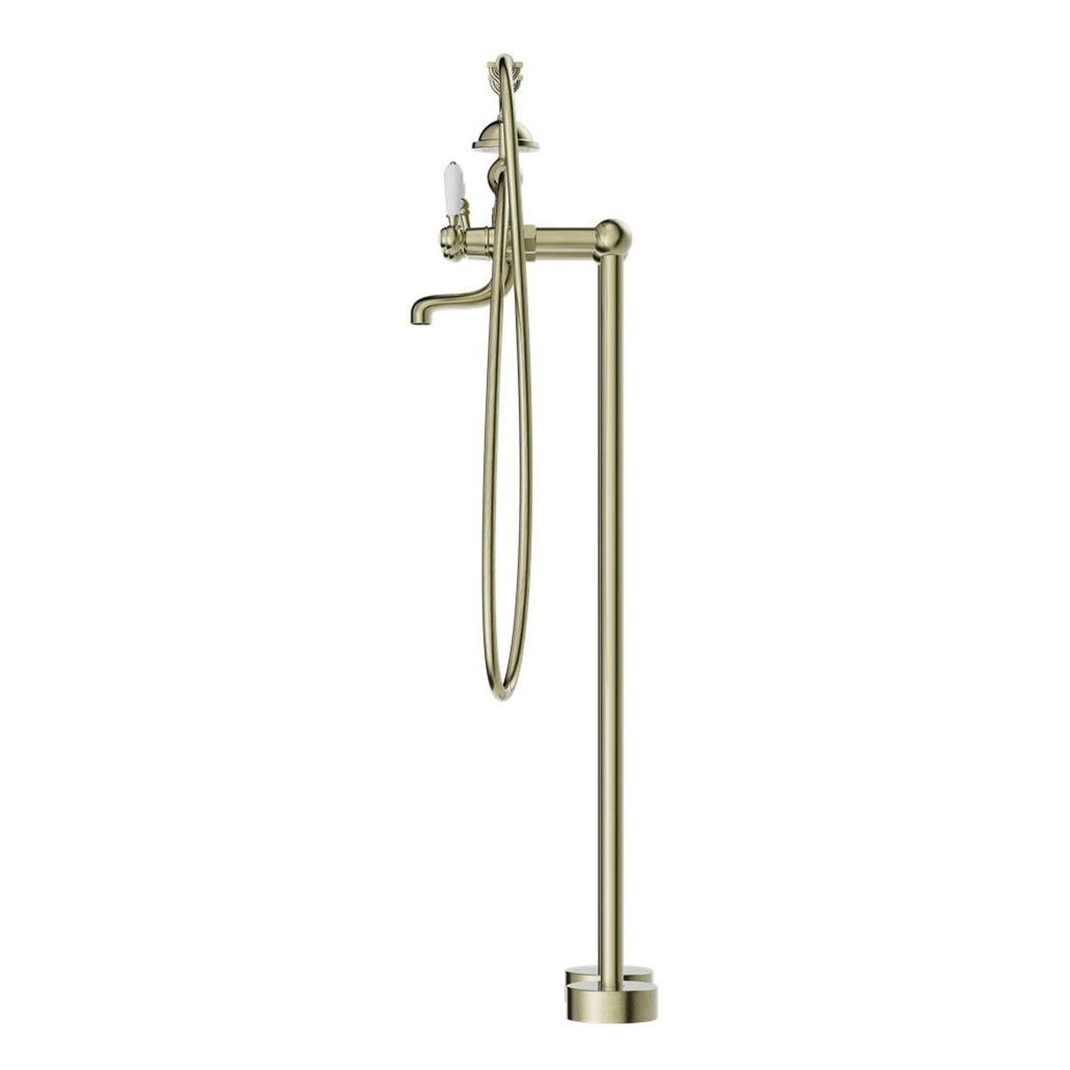 York Freestanding Bath Set With White Porcelain Hand Shower - Aged Brass