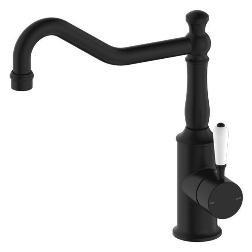 York Kitchen Mixer Hook Spout With White Porcelain Lever - Matte Black