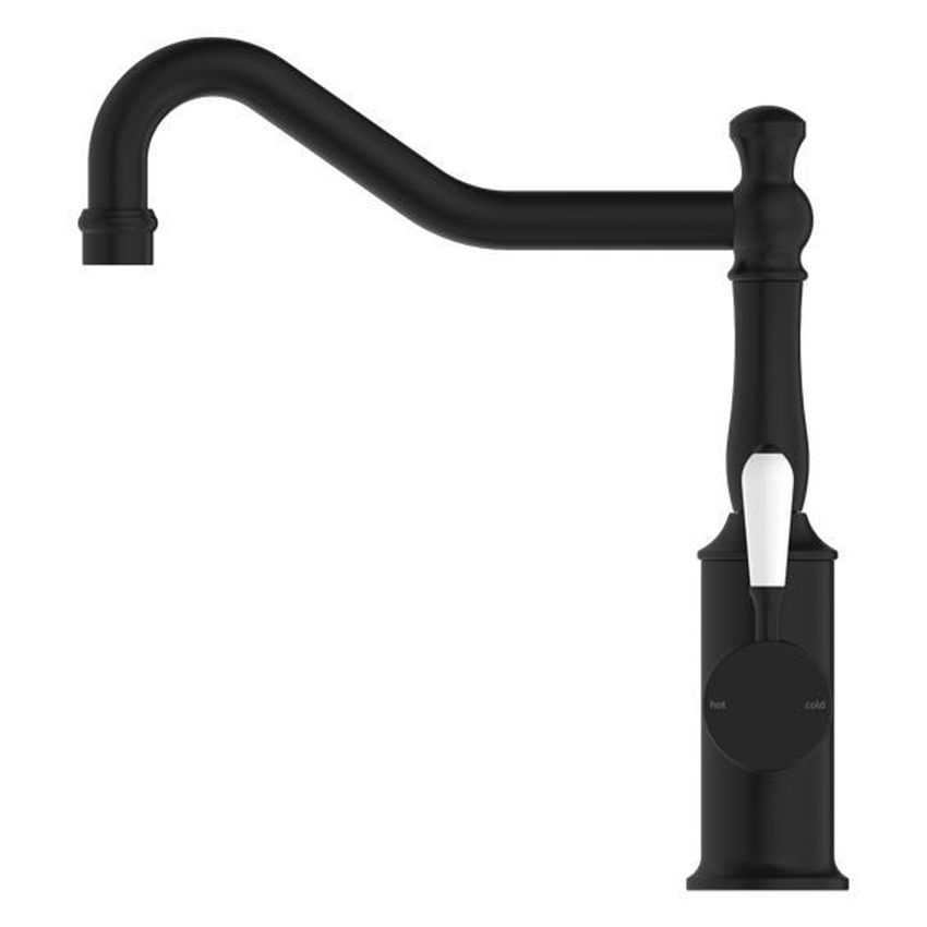 York Kitchen Mixer Hook Spout With White Porcelain Lever - Matte Black