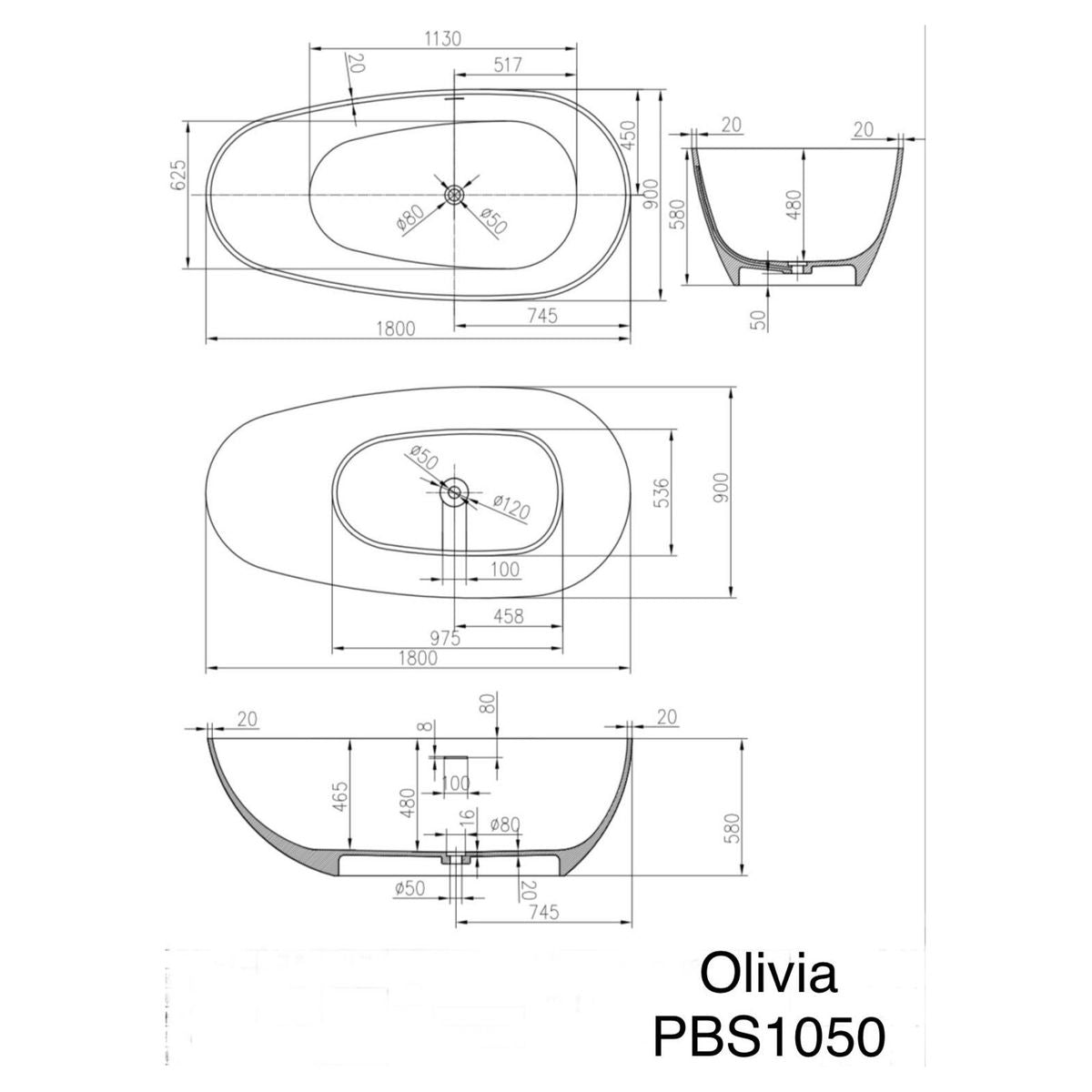 Olivia 1800mm Freestanding Bathtub