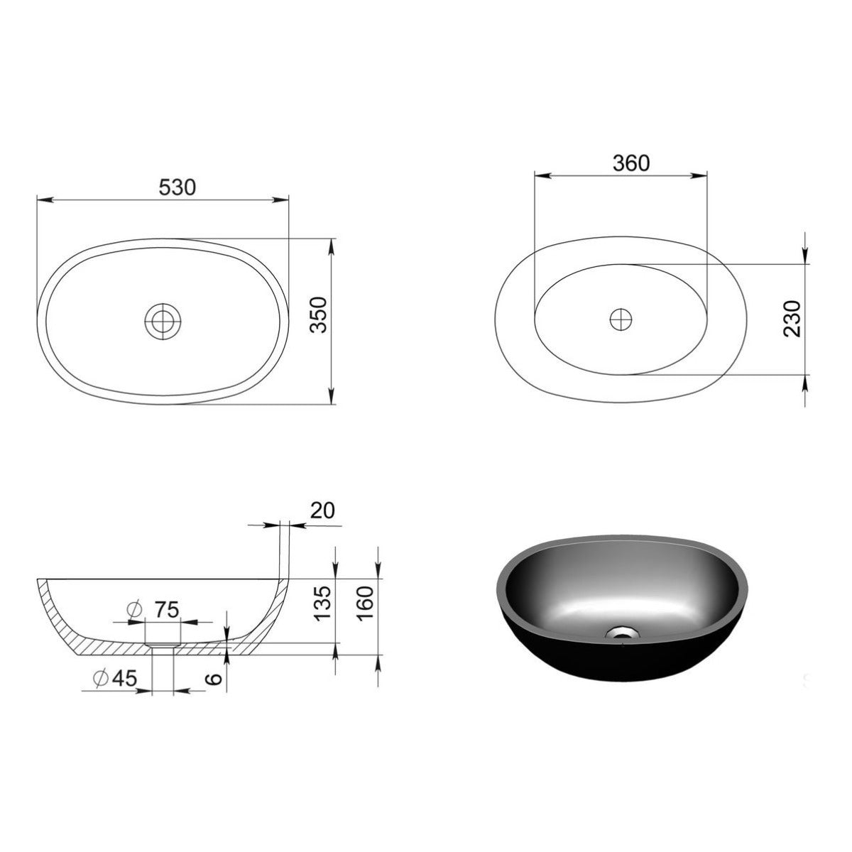 Sussana Above Counter Stone Basin - Charcoal
