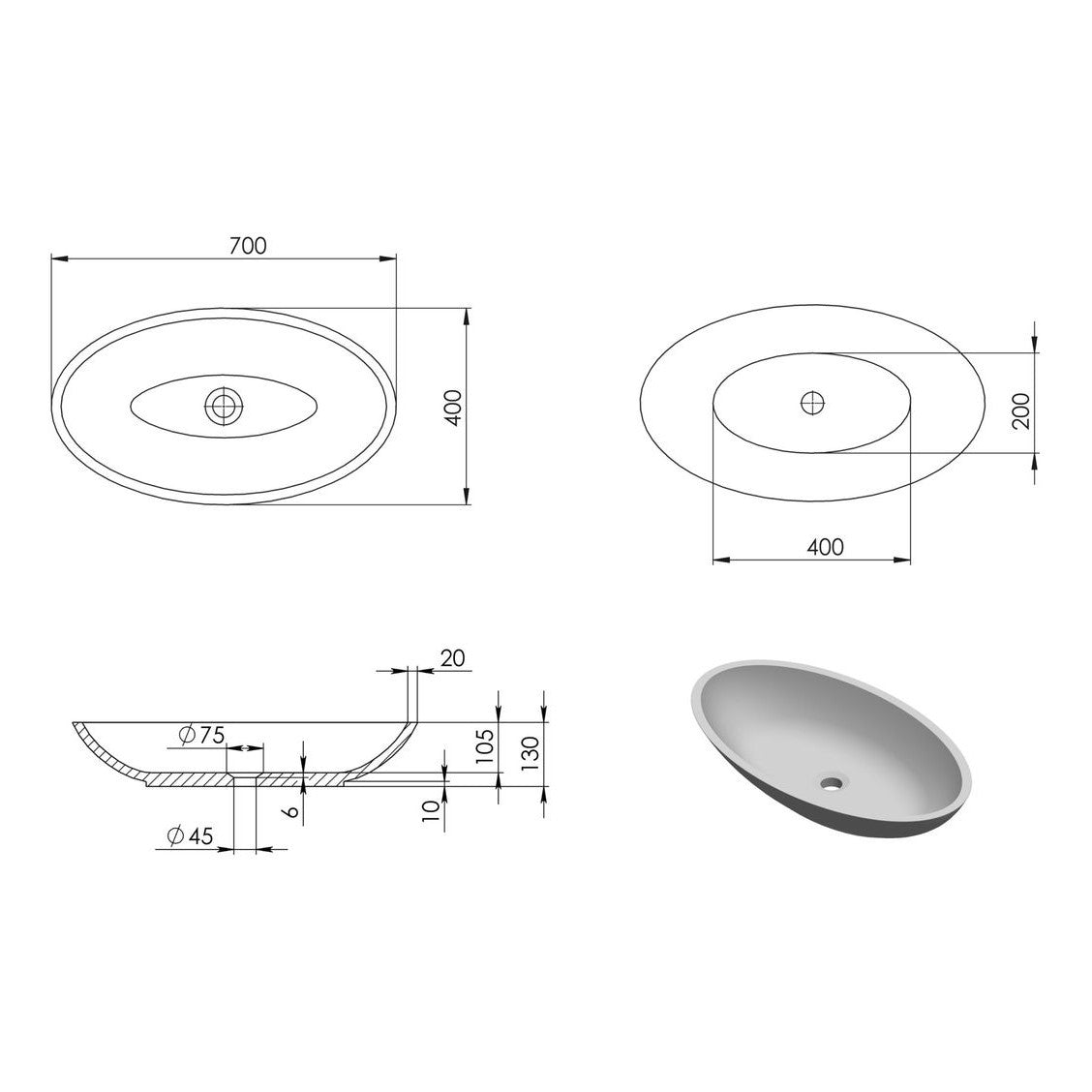 Valentina Above Counter Stone Basin - Charcoal